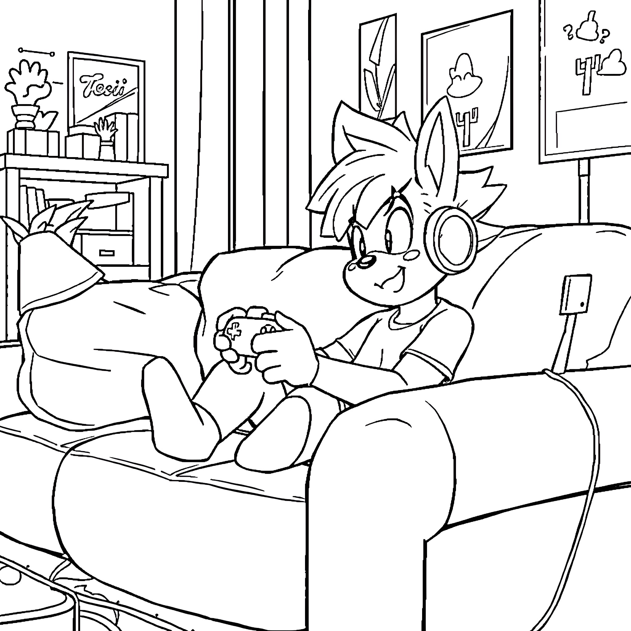 Tanjiro relaxing at home with video game console Coloring Page (free black-and-white line drawing printable PDF for all, from beginners to advanced learners, including children, teens, adults, and seniors)