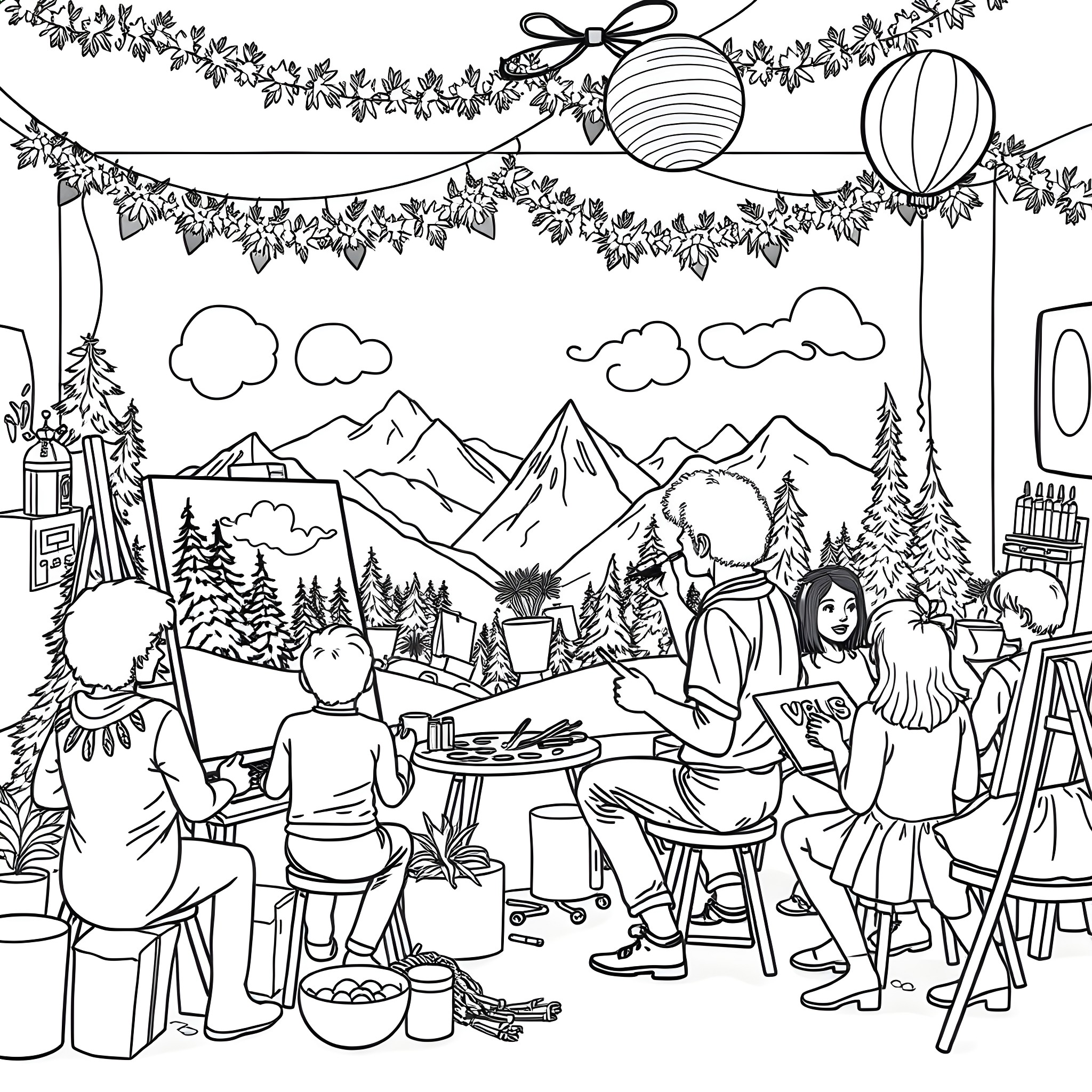 Bob Ross inspired family picnic in the mountains Coloring Page (free black-and-white line drawing printable PDF for all, from beginners to advanced learners, including children, teens, adults, and seniors)