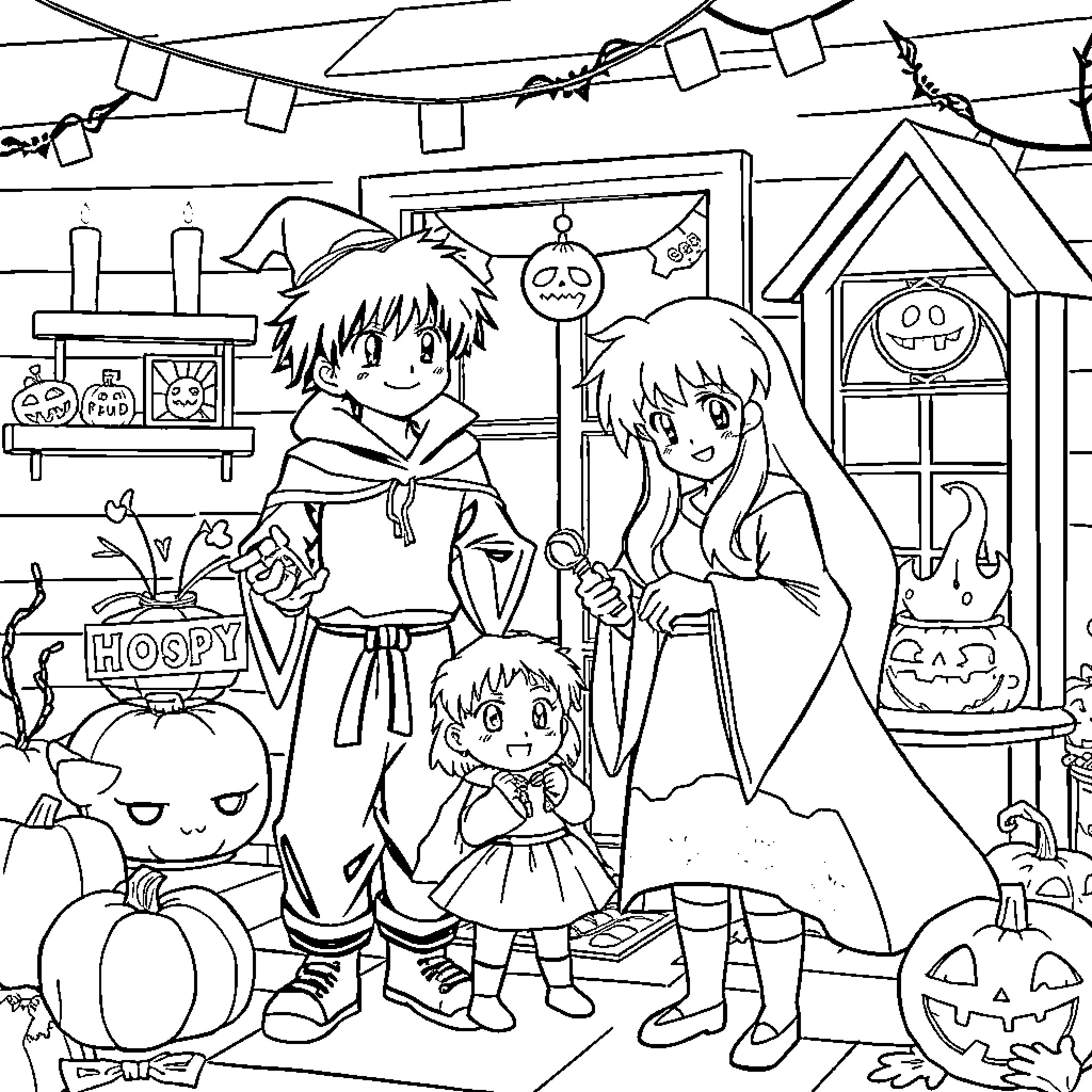 Inuyasha Characters Celebrate Halloween Together Coloring Page (free black-and-white line drawing printable PDF for all, from beginners to advanced learners, including children, teens, adults, and seniors)