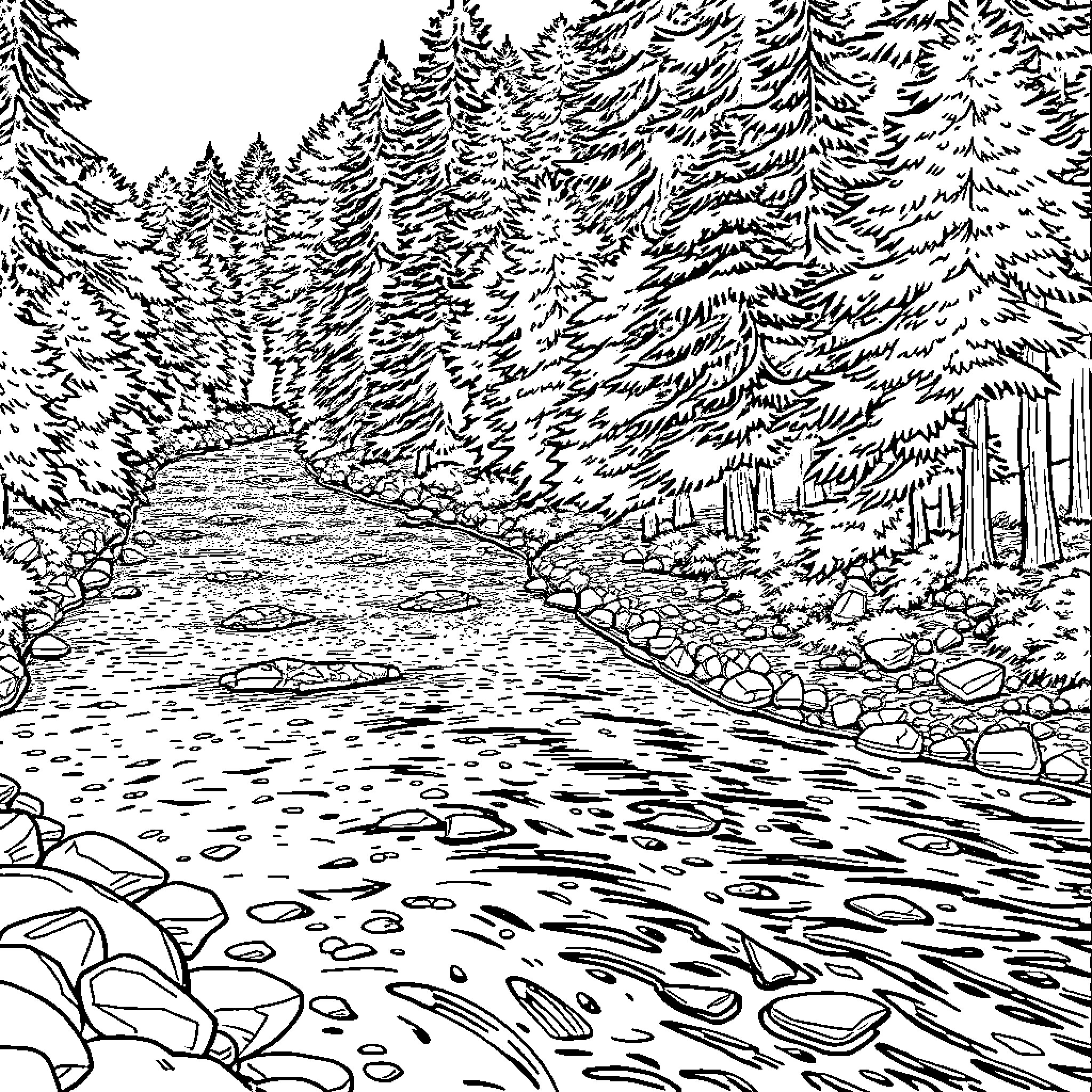 River flowing through a serene forest landscape Coloring Page (free black-and-white line drawing printable PDF for all, from beginners to advanced learners, including children, teens, adults, and seniors)