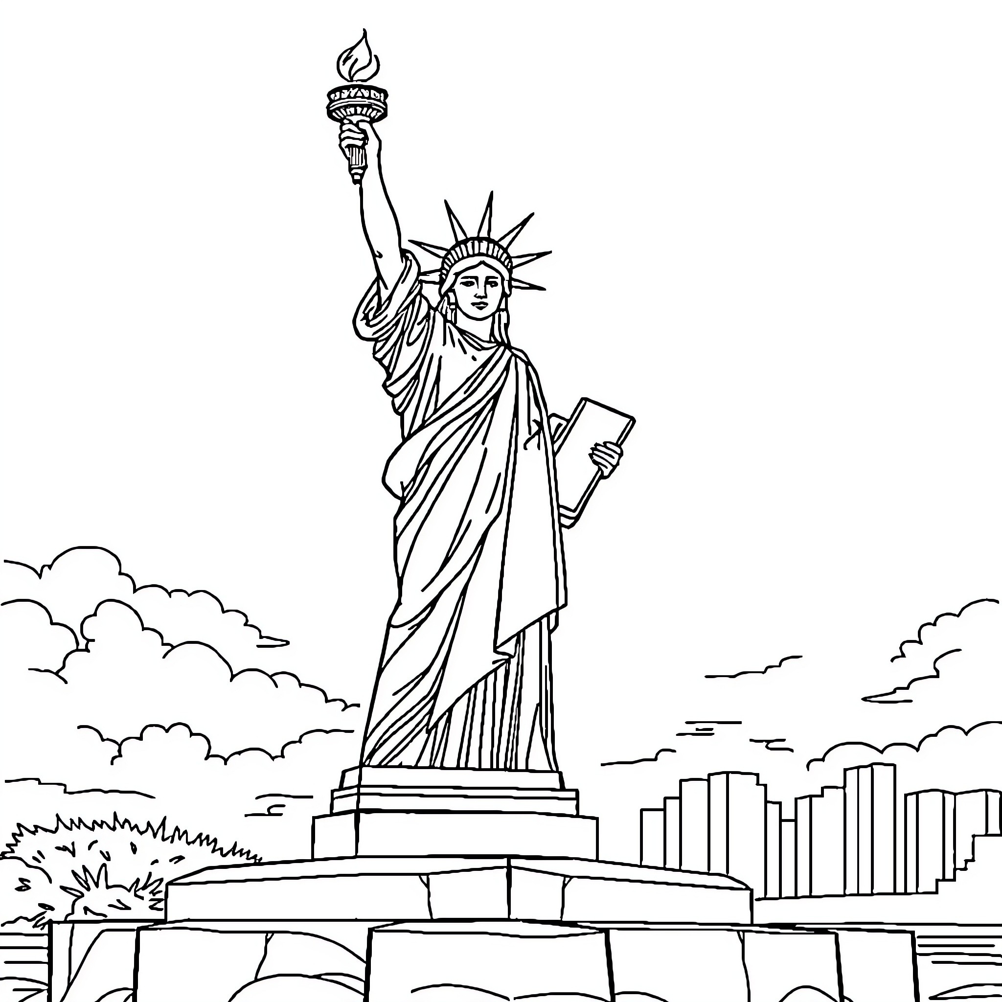 Statue Of Liberty standing tall and proud Coloring Page (free black-and-white line drawing printable PDF for all, from beginners to advanced learners, including children, teens, adults, and seniors)