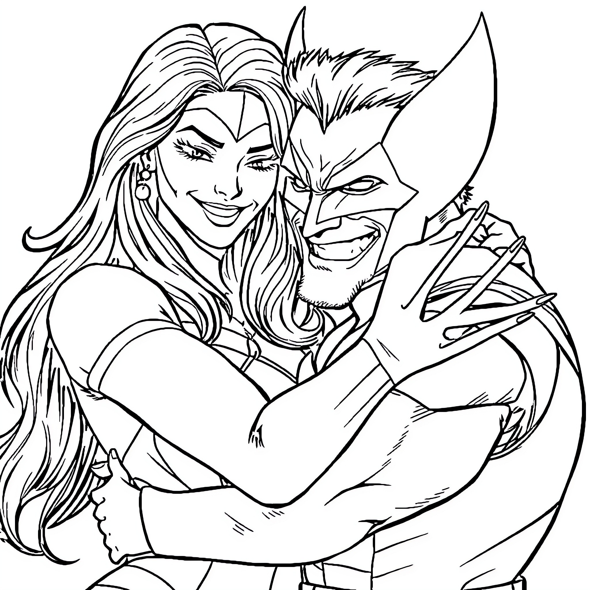 Superwoman and Superhero Embracing in Action Coloring Page (free black-and-white line drawing printable PDF for all, from beginners to advanced learners, including children, teens, adults, and seniors)