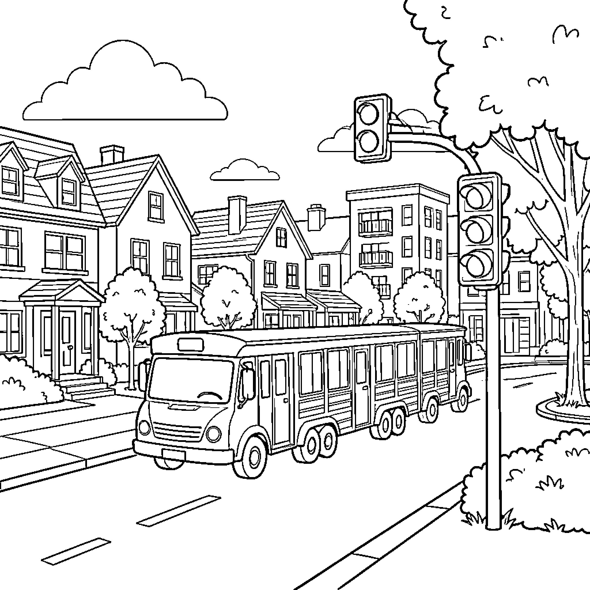 Car transporting goods in suburban neighborhood Coloring Page (free black-and-white line drawing printable PDF for all, from beginners to advanced learners, including children, teens, adults, and seniors)