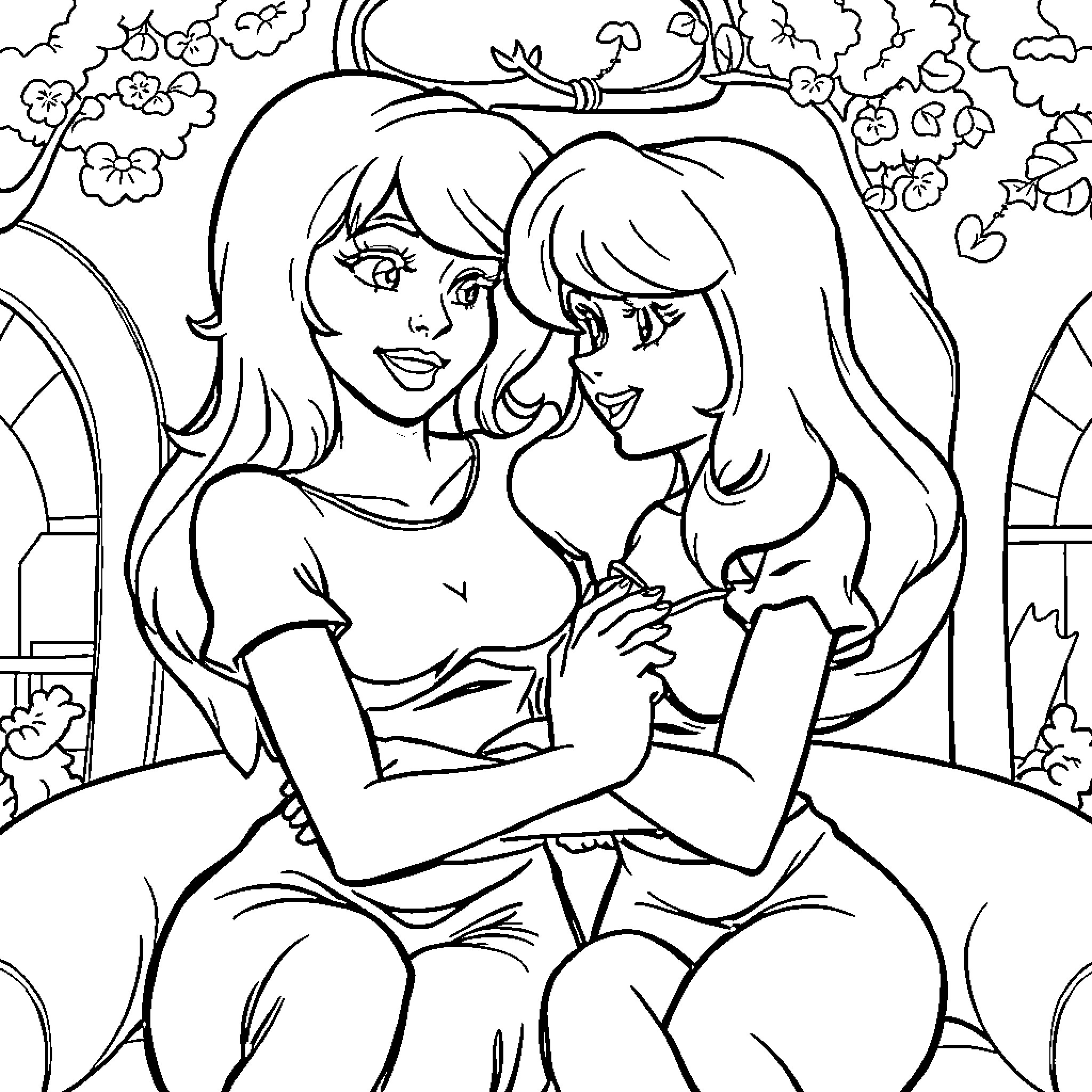 Velma and her friend bonding in the park Coloring Page (free black-and-white line drawing printable PDF for all, from beginners to advanced learners, including children, teens, adults, and seniors)