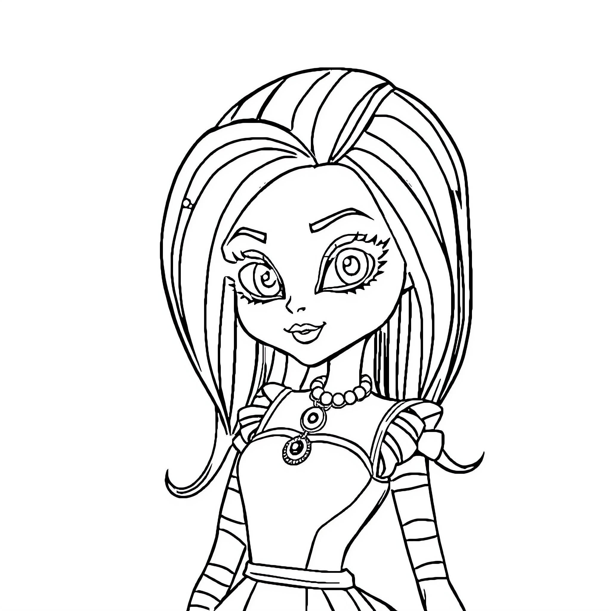 Frankie Stein's Spooky Outfit and Stylish Pose Coloring Page (free black-and-white line drawing printable PDF for all, from beginners to advanced learners, including children, teens, adults, and seniors)