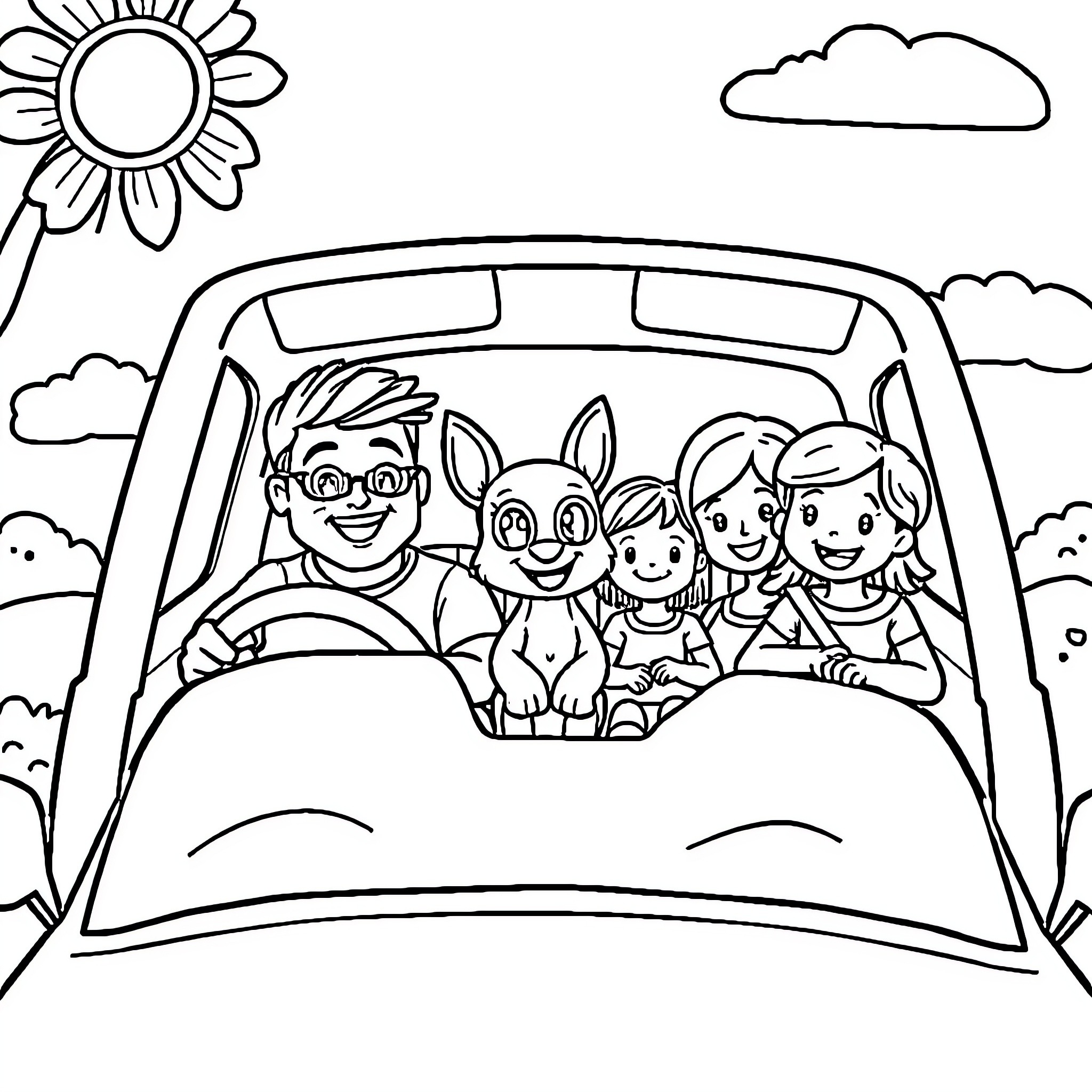 Bluey's family takes a joyful car ride Coloring Page (free black-and-white line drawing printable PDF for all, from beginners to advanced learners, including children, teens, adults, and seniors)