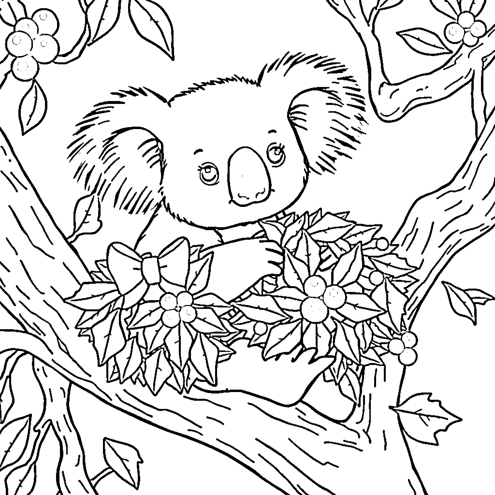 Koala relaxing in nature with flowers Coloring Page (free black-and-white line drawing printable PDF for all, from beginners to advanced learners, including children, teens, adults, and seniors)