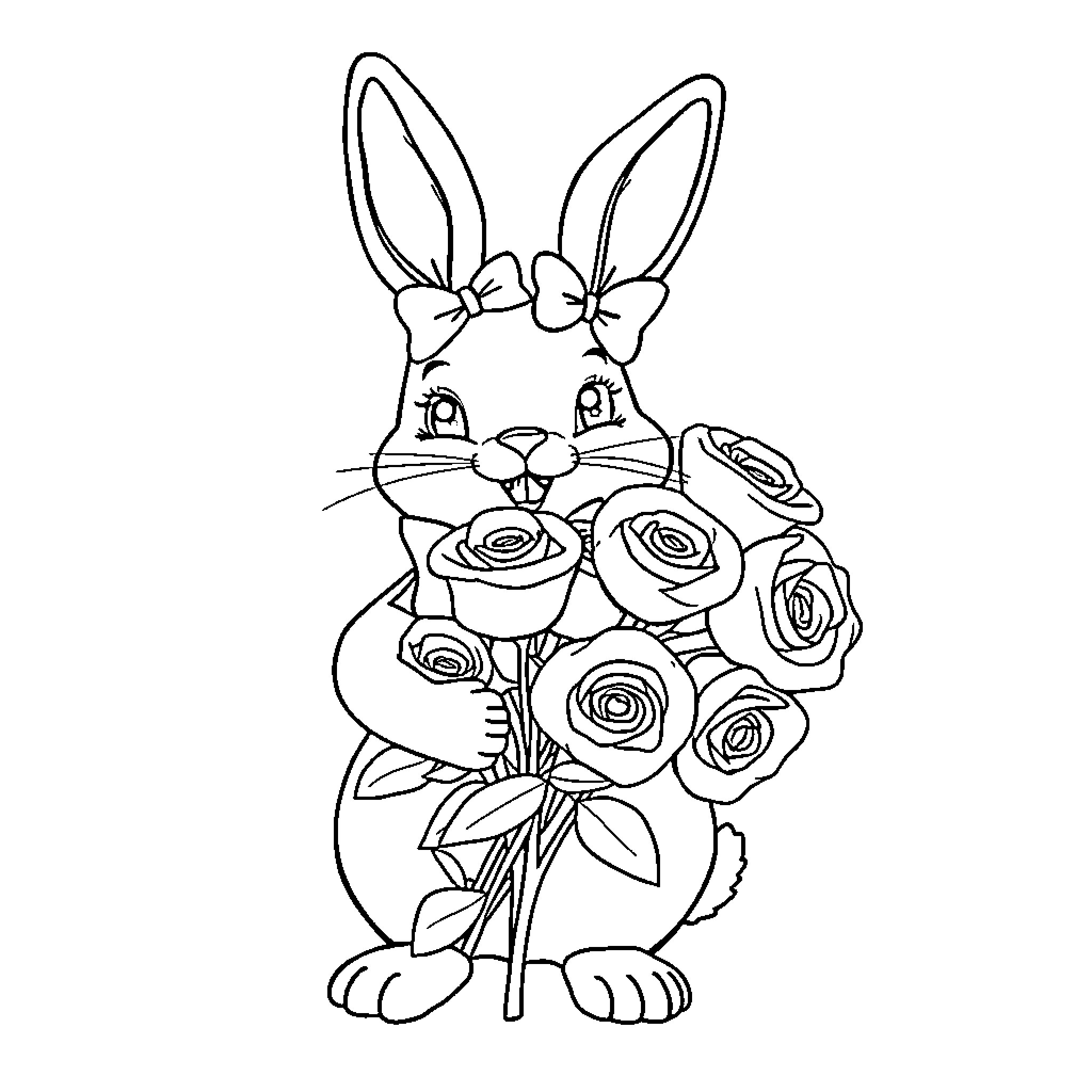 Bunny holding a bouquet of roses Coloring Page (free black-and-white line drawing printable PDF for all, from beginners to advanced learners, including children, teens, adults, and seniors)