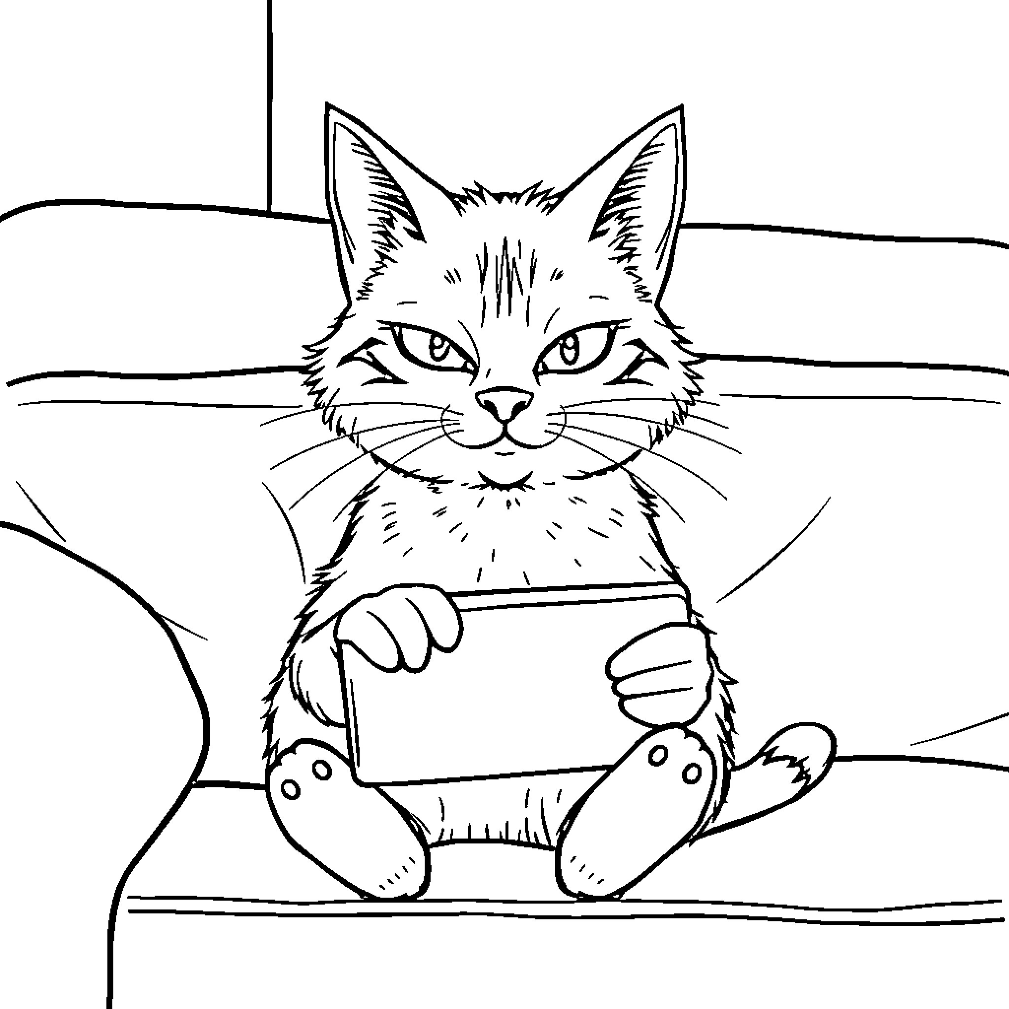 Cat in a Pensive Pose Coloring Page (free black-and-white line drawing printable PDF for all, from beginners to advanced learners, including children, teens, adults, and seniors)