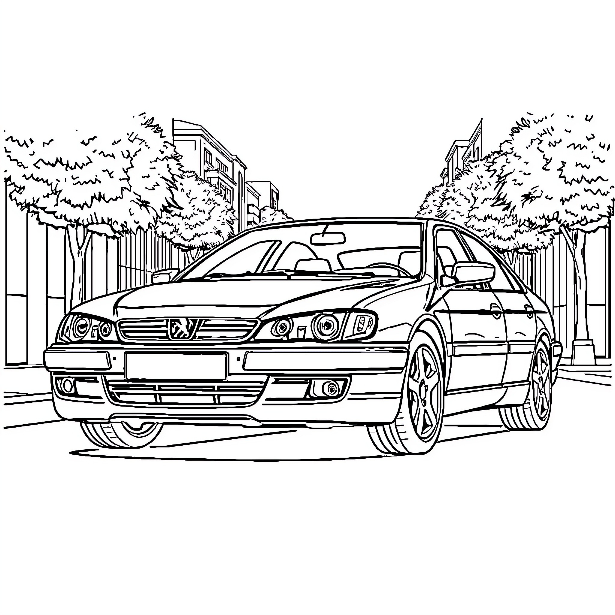 Peugeot sedan on a city street Coloring Page (free black-and-white line drawing printable PDF for all, from beginners to advanced learners, including children, teens, adults, and seniors)