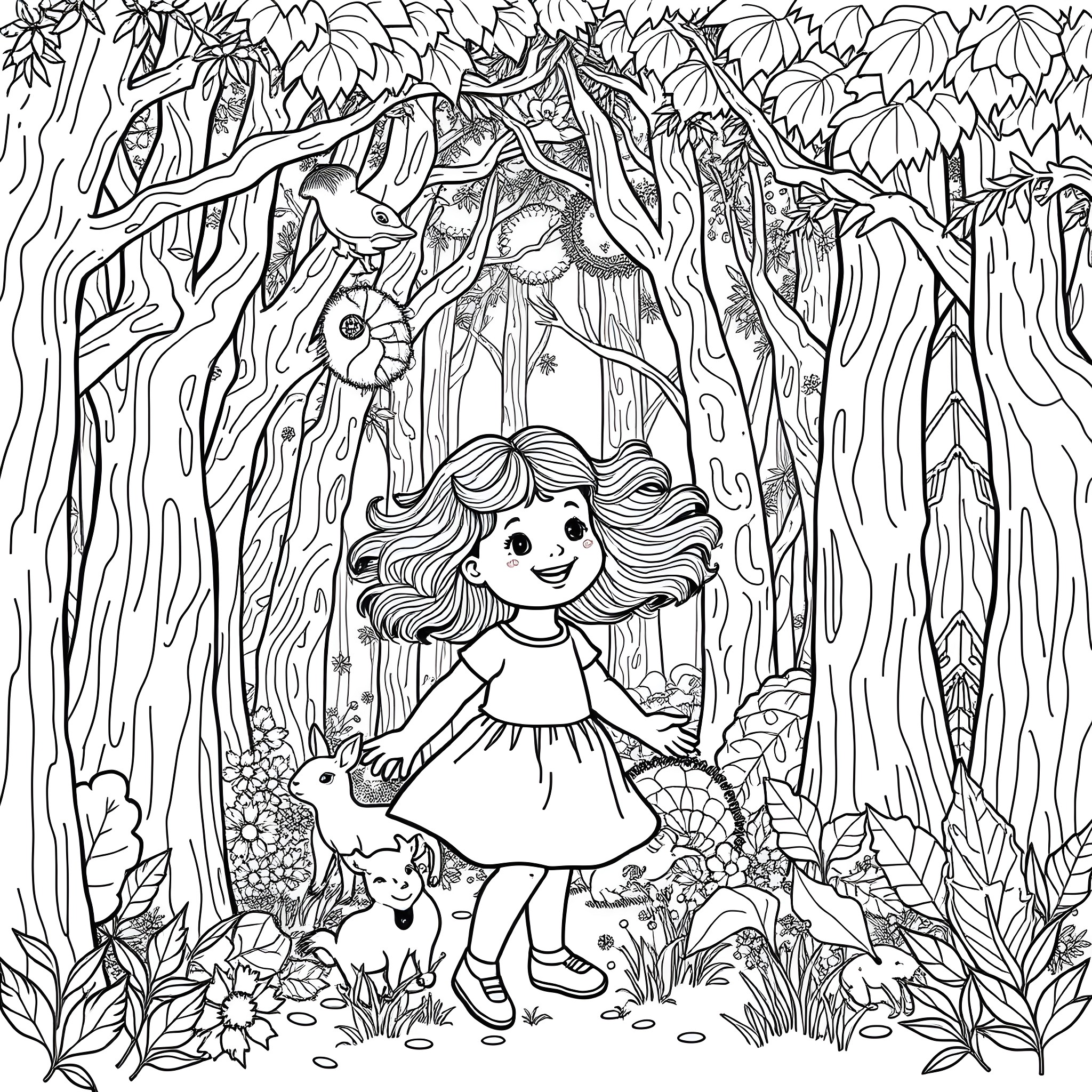Girl exploring enchanted forest with nature companions Coloring Page (free black-and-white line drawing printable PDF for all, from beginners to advanced learners, including children, teens, adults, and seniors)