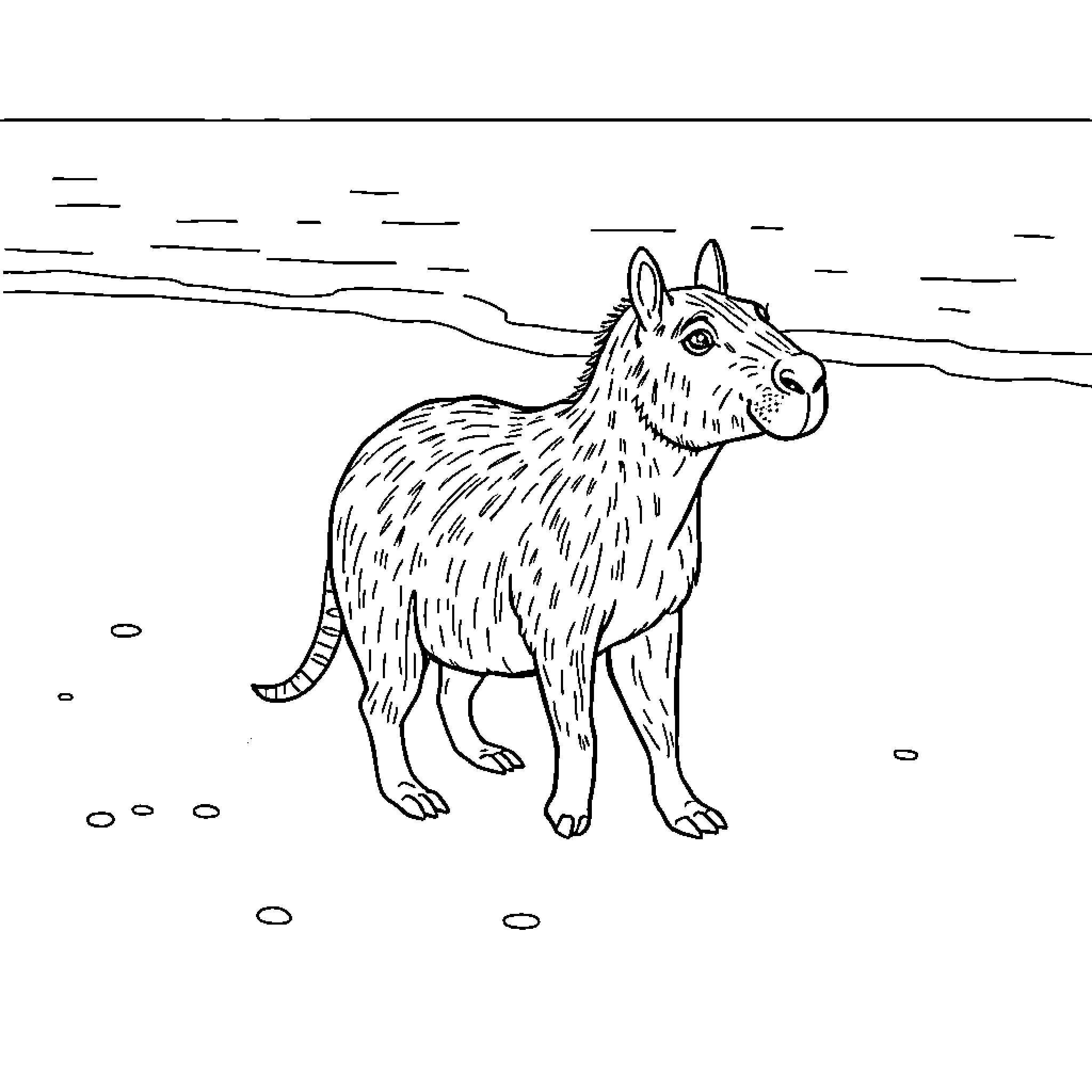 Capybara standing in natural landscape Coloring Page (free black-and-white line drawing printable PDF for all, from beginners to advanced learners, including children, teens, adults, and seniors)