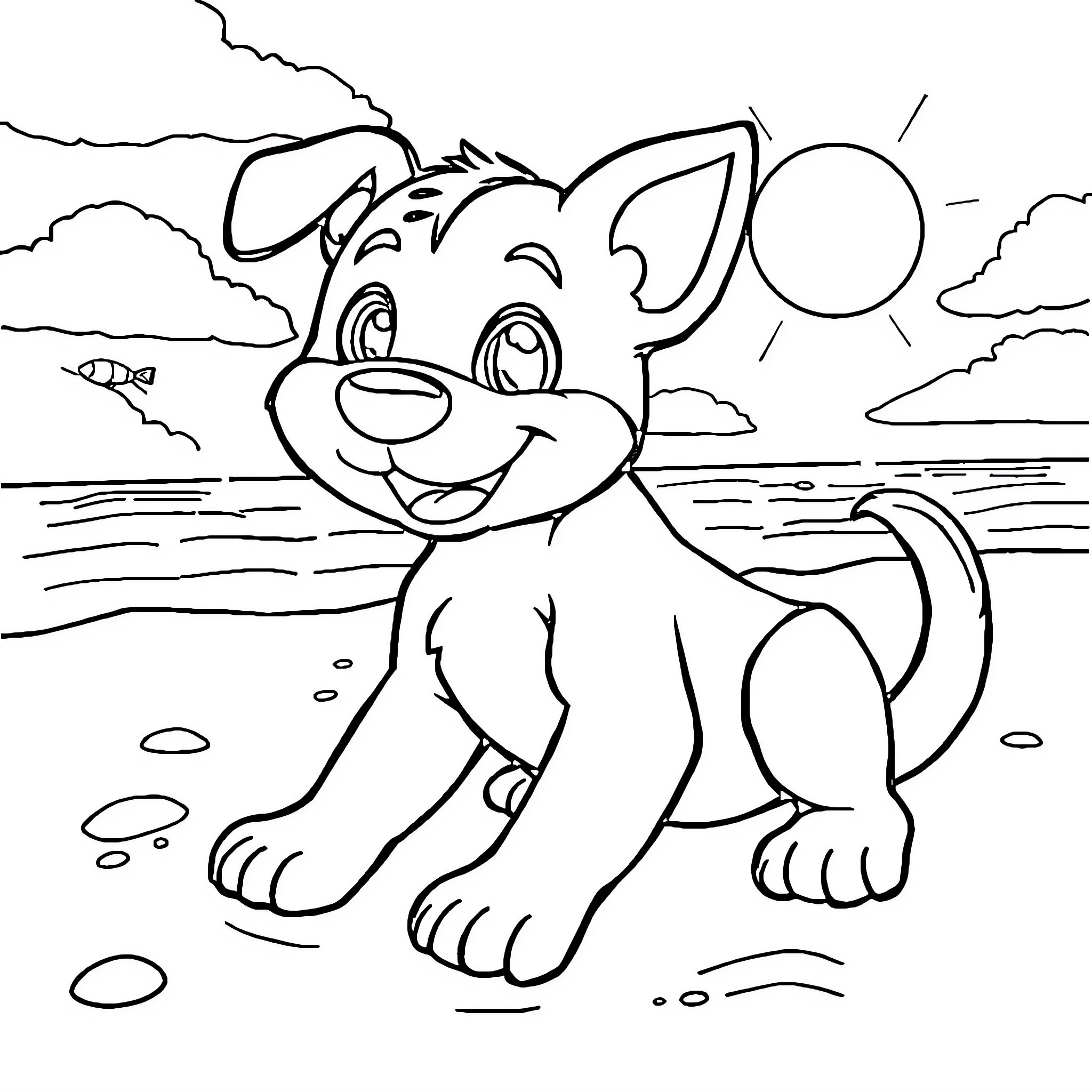 Bluey enjoying the beach with a sunny smile Coloring Page (free black-and-white line drawing printable PDF for all, from beginners to advanced learners, including children, teens, adults, and seniors)