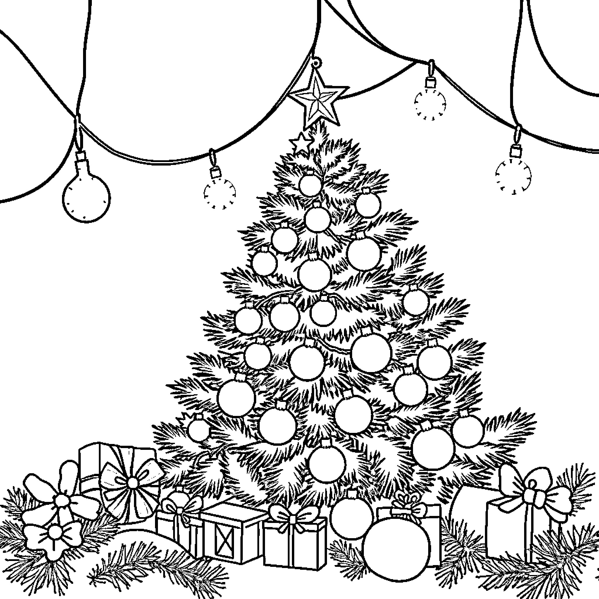 Huntrix's Festive Holiday Scene Coloring Page (free black-and-white line drawing printable PDF for all, from beginners to advanced learners, including children, teens, adults, and seniors)
