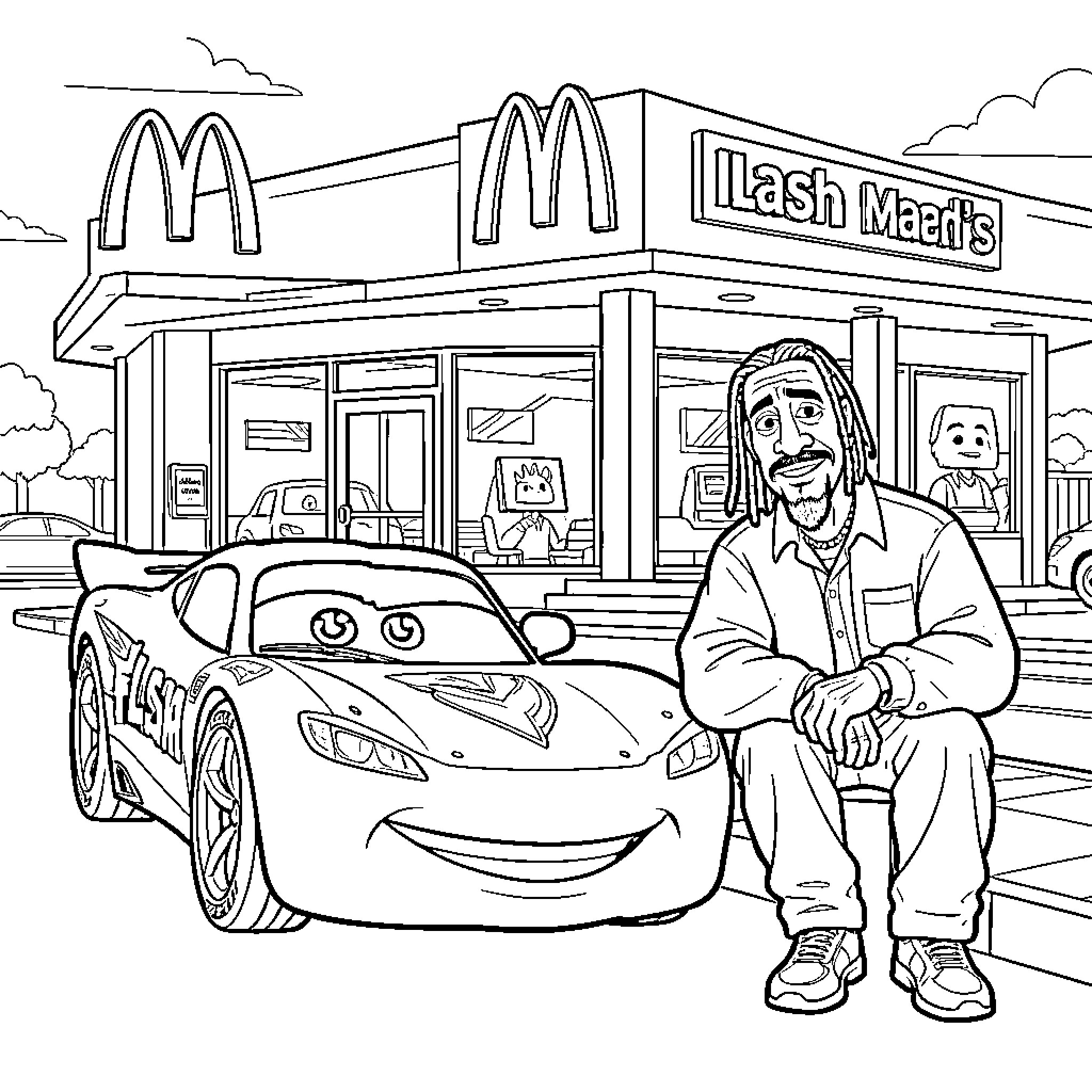 Flash McQueen smiling next to a man outdoors Coloring Page (free black-and-white line drawing printable PDF for all, from beginners to advanced learners, including children, teens, adults, and seniors)