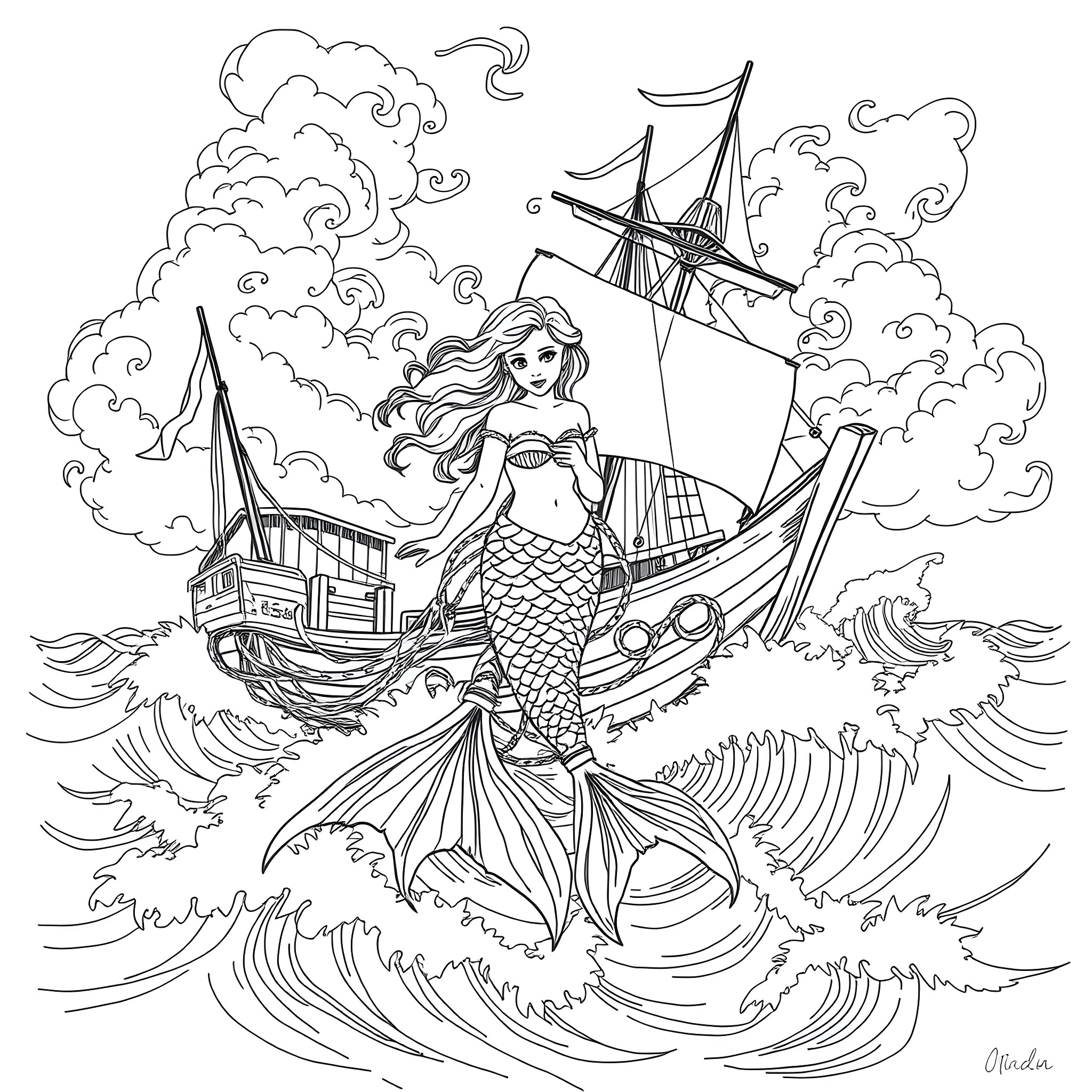 Mermaid riding a ship through stormy seas Coloring Page (free black-and-white line drawing printable PDF for all, from beginners to advanced learners, including children, teens, adults, and seniors)