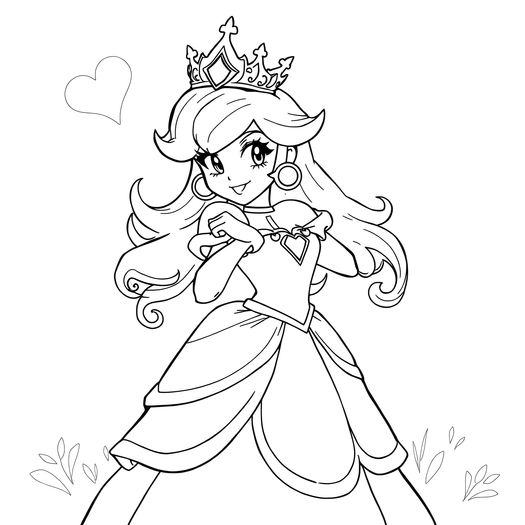 Princess Peach in a Whimsical, Cheerful Pose Coloring Page (free black-and-white line drawing printable PDF for all, from beginners to advanced learners, including children, teens, adults, and seniors)