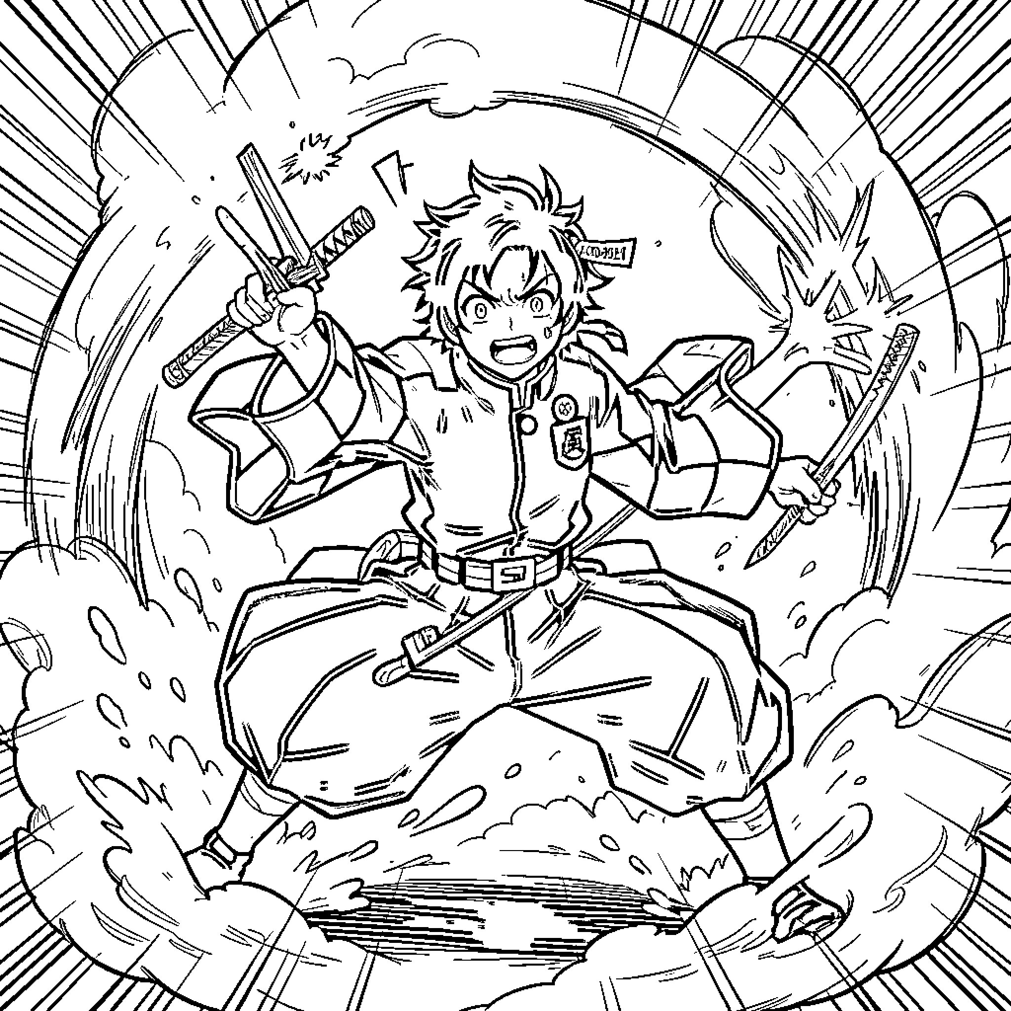 Tanjiro performing a dynamic combat stance with swords Coloring Page (free black-and-white line drawing printable PDF for all, from beginners to advanced learners, including children, teens, adults, and seniors)