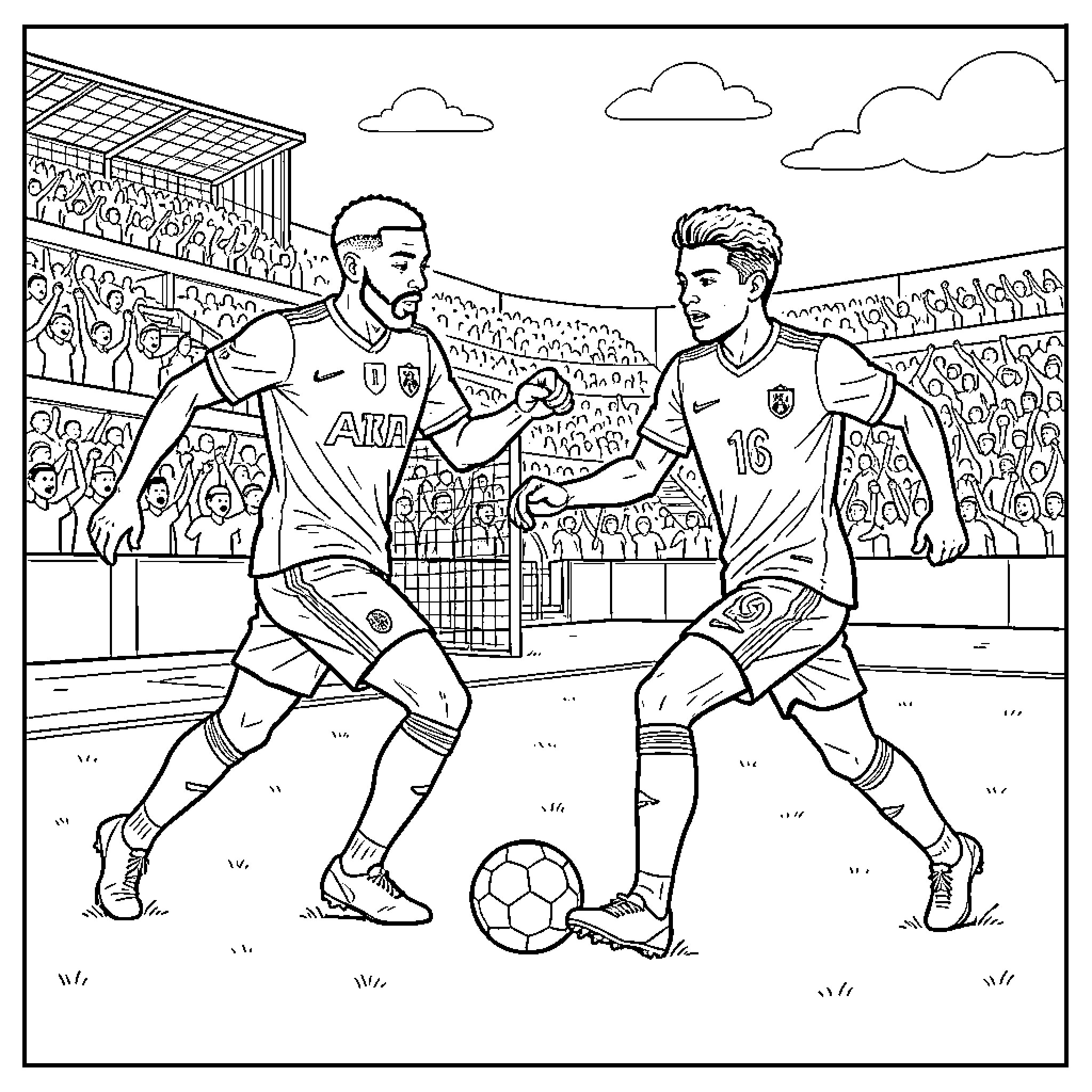 Mbappe dribbling a soccer ball during a match Coloring Page (free black-and-white line drawing printable PDF for all, from beginners to advanced learners, including children, teens, adults, and seniors)