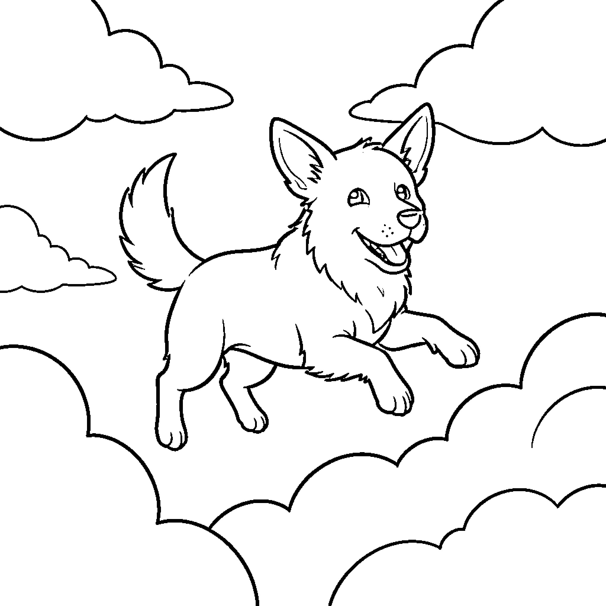 Dog frolicking joyfully among the clouds Coloring Page (free black-and-white line drawing printable PDF for all, from beginners to advanced learners, including children, teens, adults, and seniors)