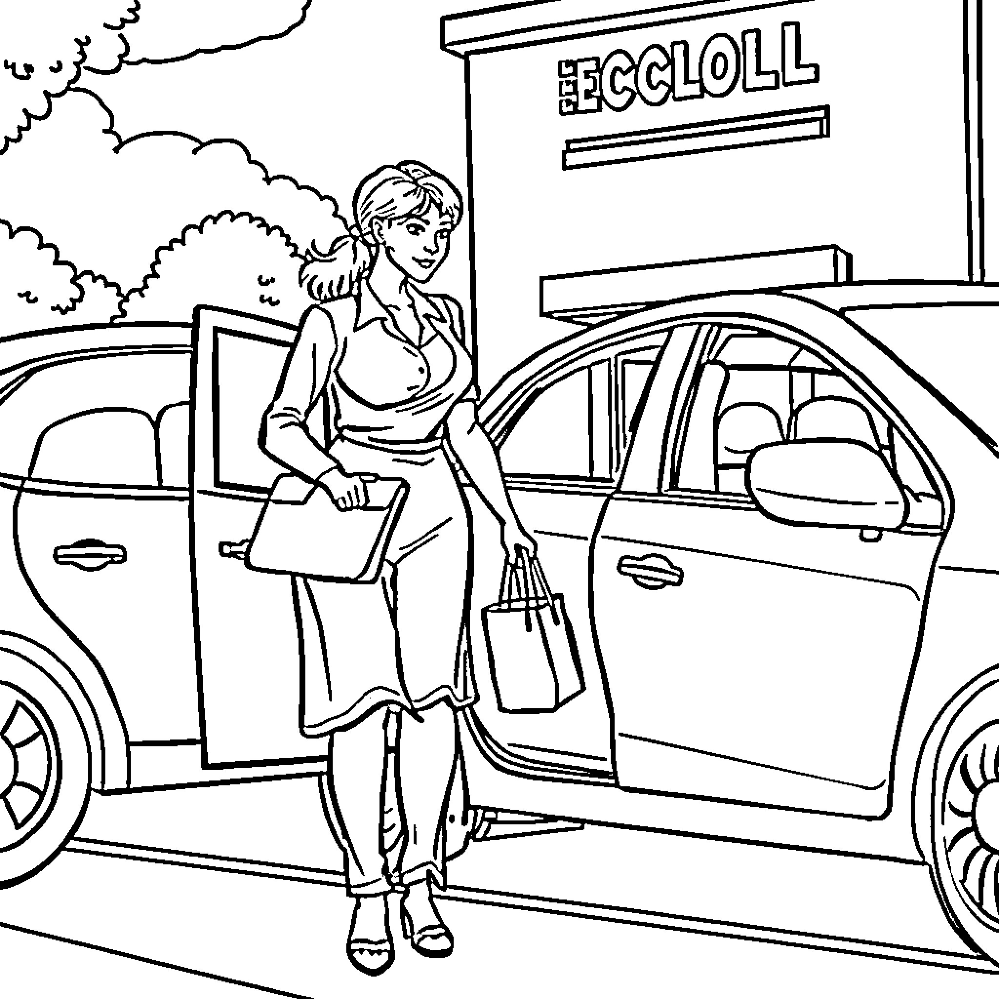 Teacher exiting vehicle in school parking lot Coloring Page (free black-and-white line drawing printable PDF for all, from beginners to advanced learners, including children, teens, adults, and seniors)