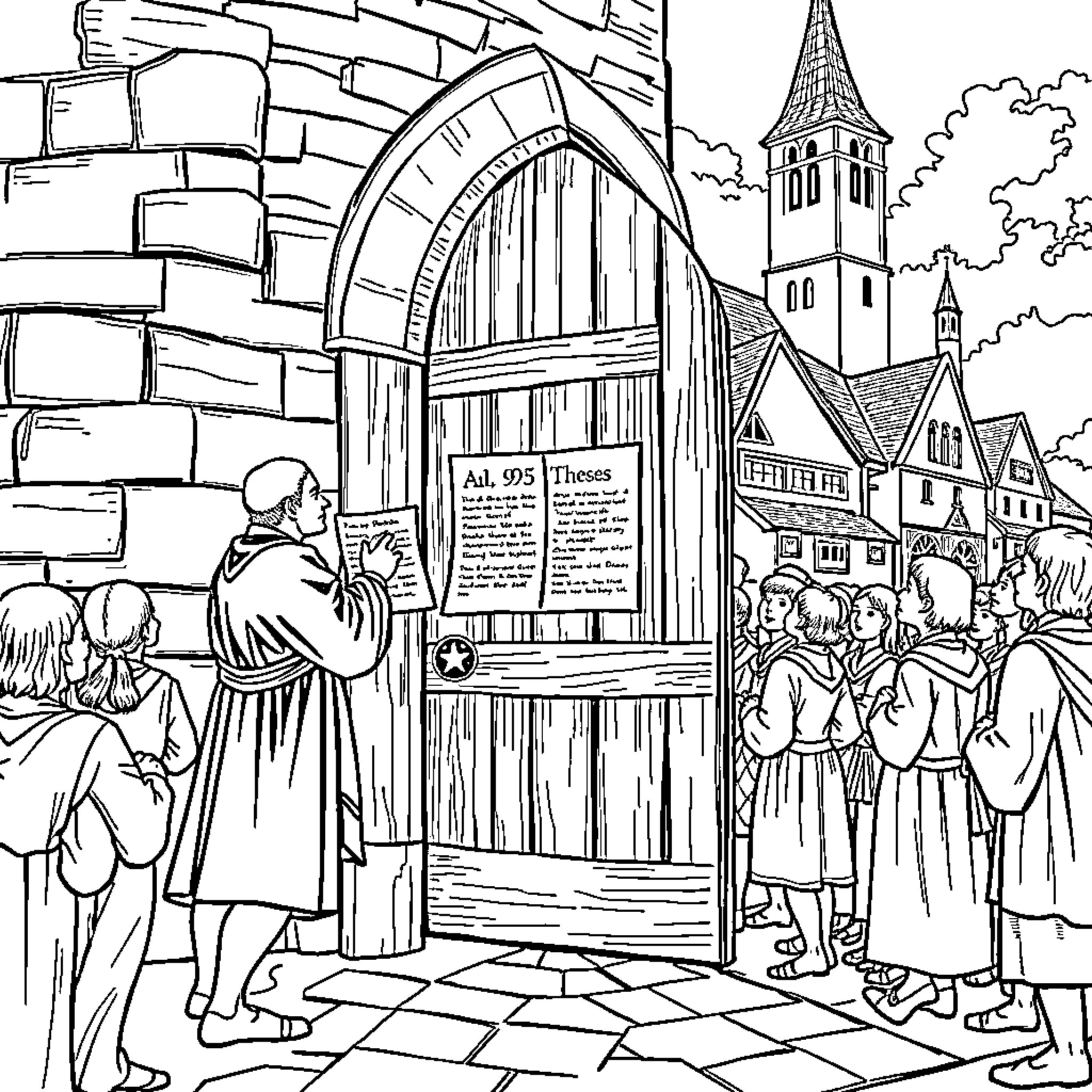 Martin Luther's Thesis Posting in Wittenberg Coloring Page (free black-and-white line drawing printable PDF for all, from beginners to advanced learners, including children, teens, adults, and seniors)