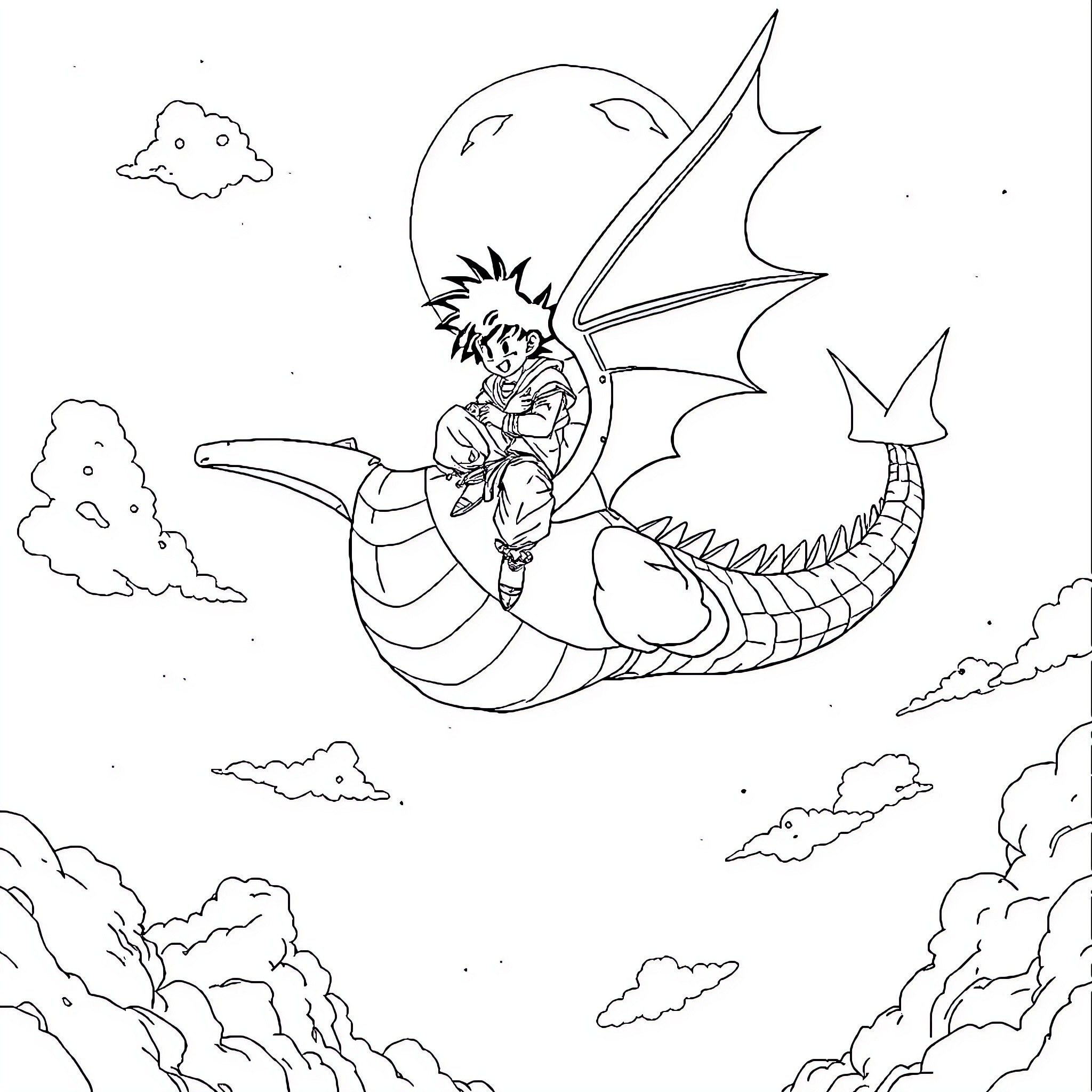 Dragon Rider soaring through the sky Coloring Page (free black-and-white line drawing printable PDF for all, from beginners to advanced learners, including children, teens, adults, and seniors)