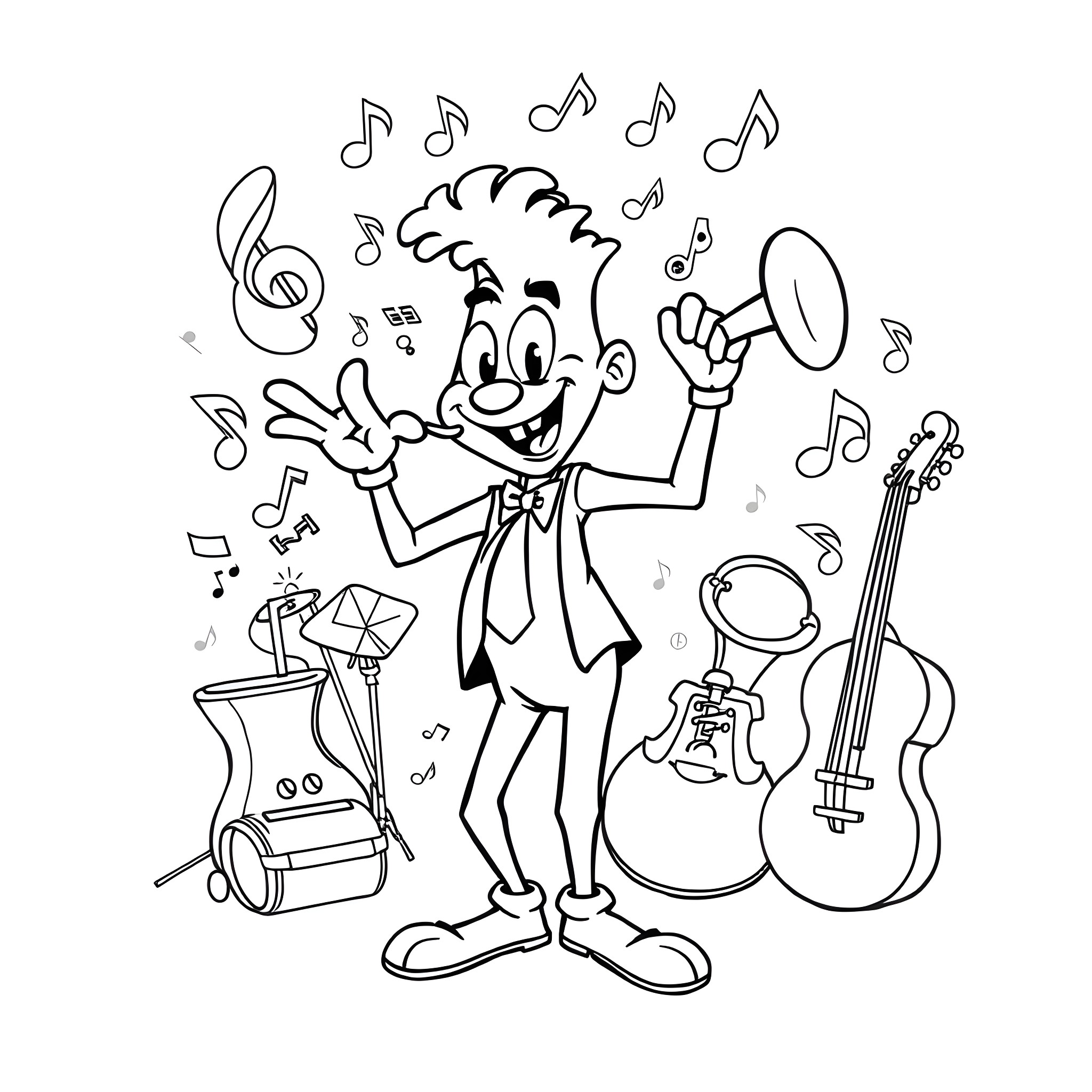 Bebop musician playing happily with instruments Coloring Page (free black-and-white line drawing printable PDF for all, from beginners to advanced learners, including children, teens, adults, and seniors)