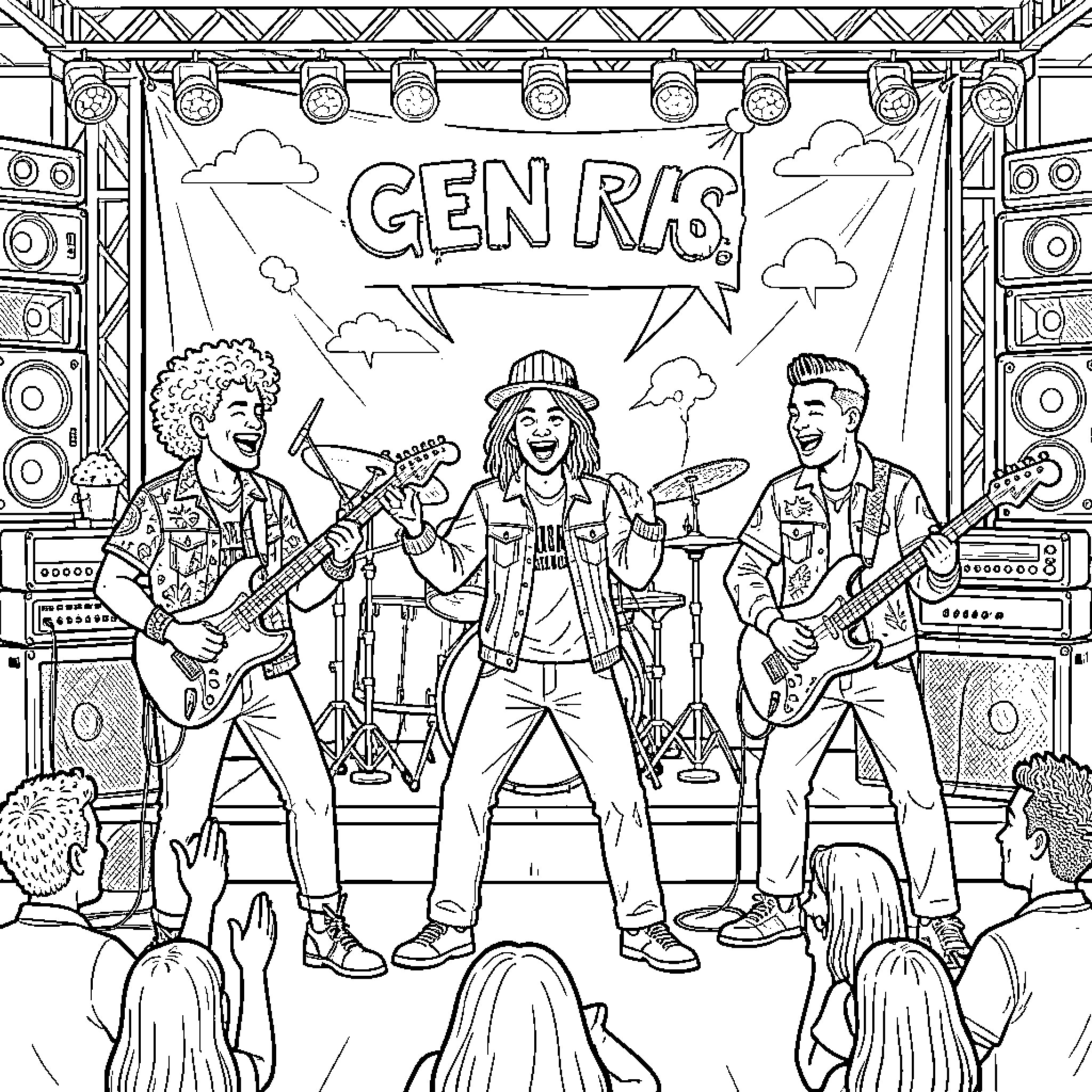 Band performing energetically on stage for an audience Coloring Page (free black-and-white line drawing printable PDF for all, from beginners to advanced learners, including children, teens, adults, and seniors)
