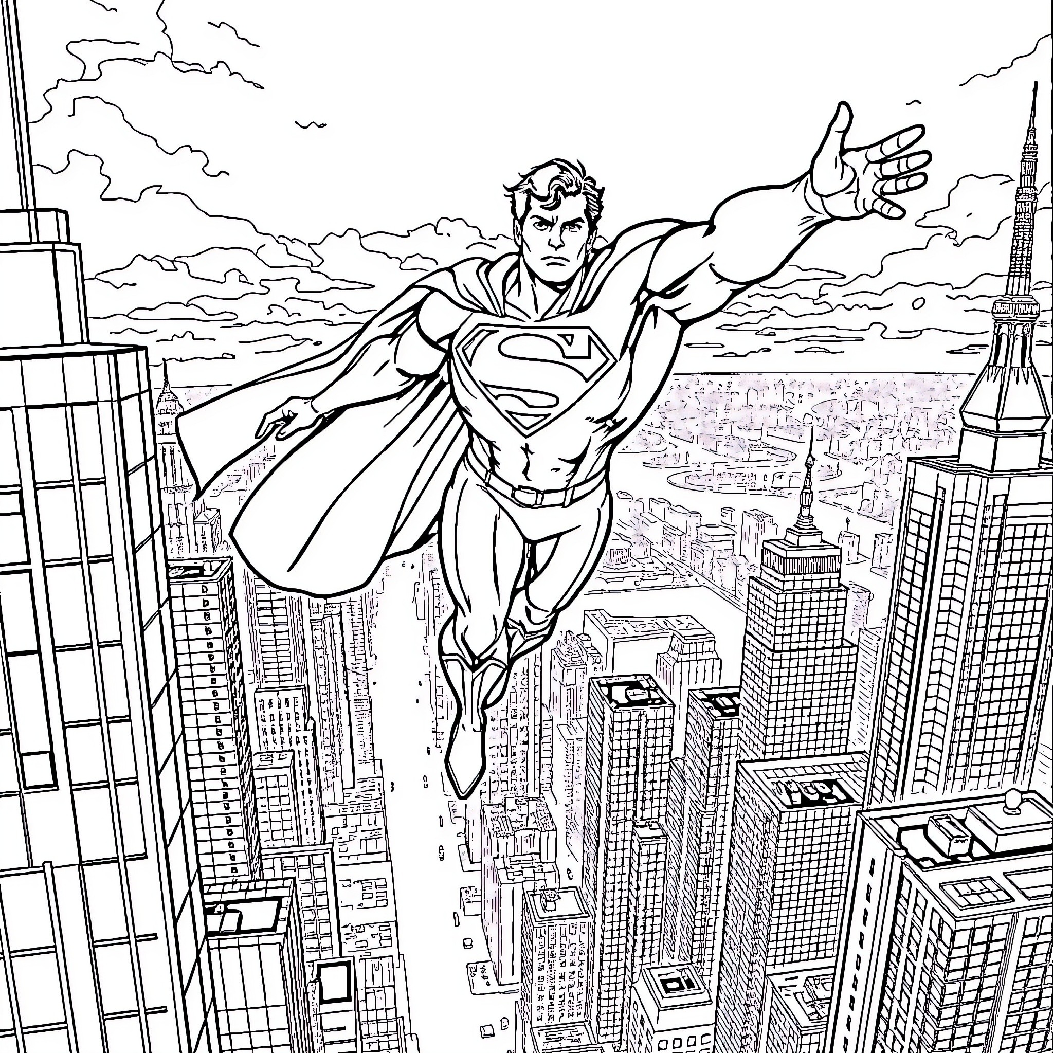 Superman soaring over the city skyline Coloring Page (free black-and-white line drawing printable PDF for all, from beginners to advanced learners, including children, teens, adults, and seniors)