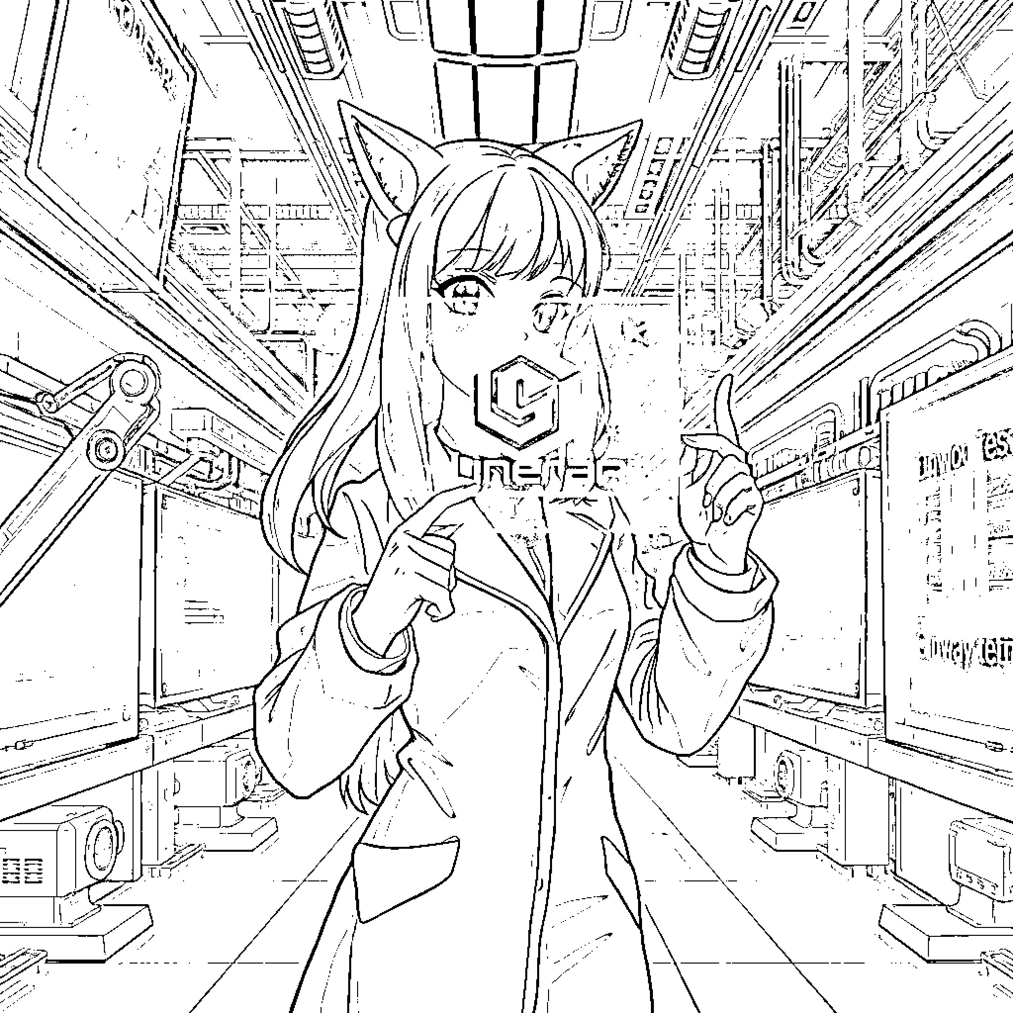 Anime Girl in Futuristic Sci-Fi Themed Setting Coloring Page (free black-and-white line drawing printable PDF for all, from beginners to advanced learners, including children, teens, adults, and seniors)