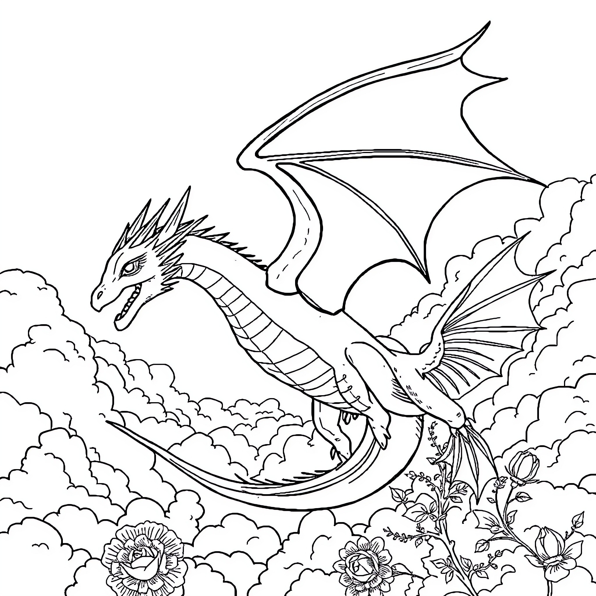 Dragon soaring through the cloudy skies Coloring Page (free black-and-white line drawing printable PDF for all, from beginners to advanced learners, including children, teens, adults, and seniors)