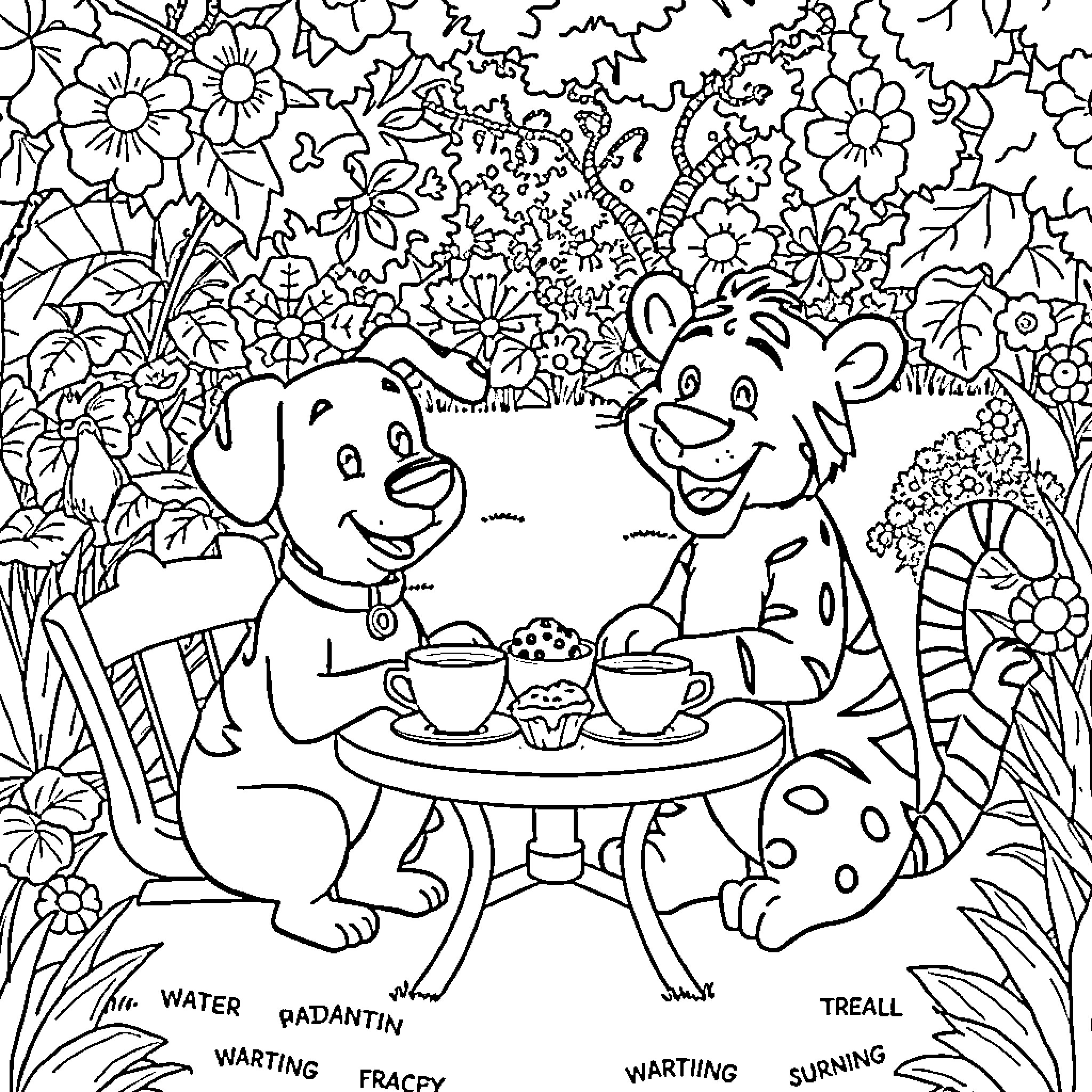 Kipper and friend enjoying a picnic in the garden Coloring Page (free black-and-white line drawing printable PDF for all, from beginners to advanced learners, including children, teens, adults, and seniors)