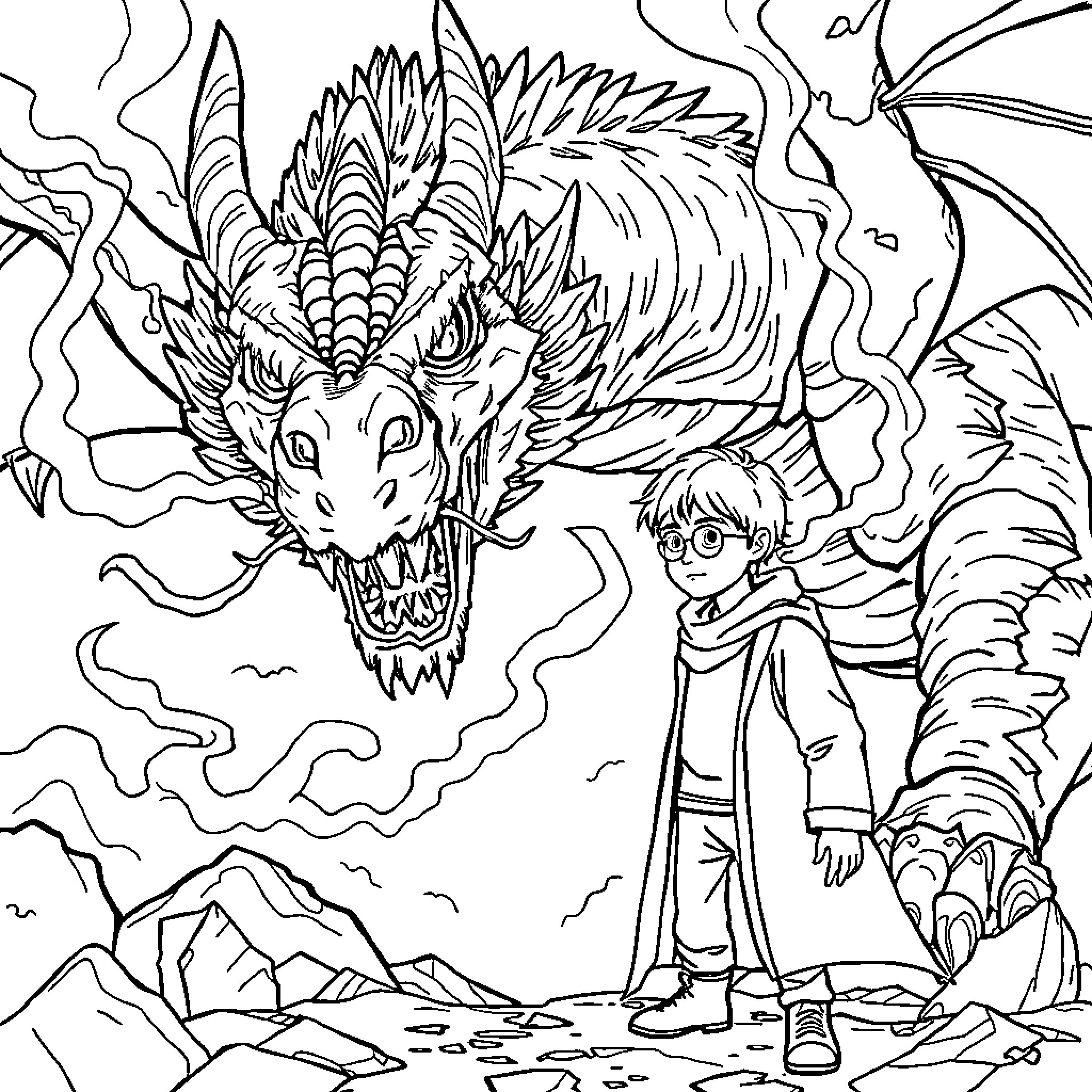 Dragon Confronting a Brave Young Hero Coloring Page (free black-and-white line drawing printable PDF for all, from beginners to advanced learners, including children, teens, adults, and seniors)