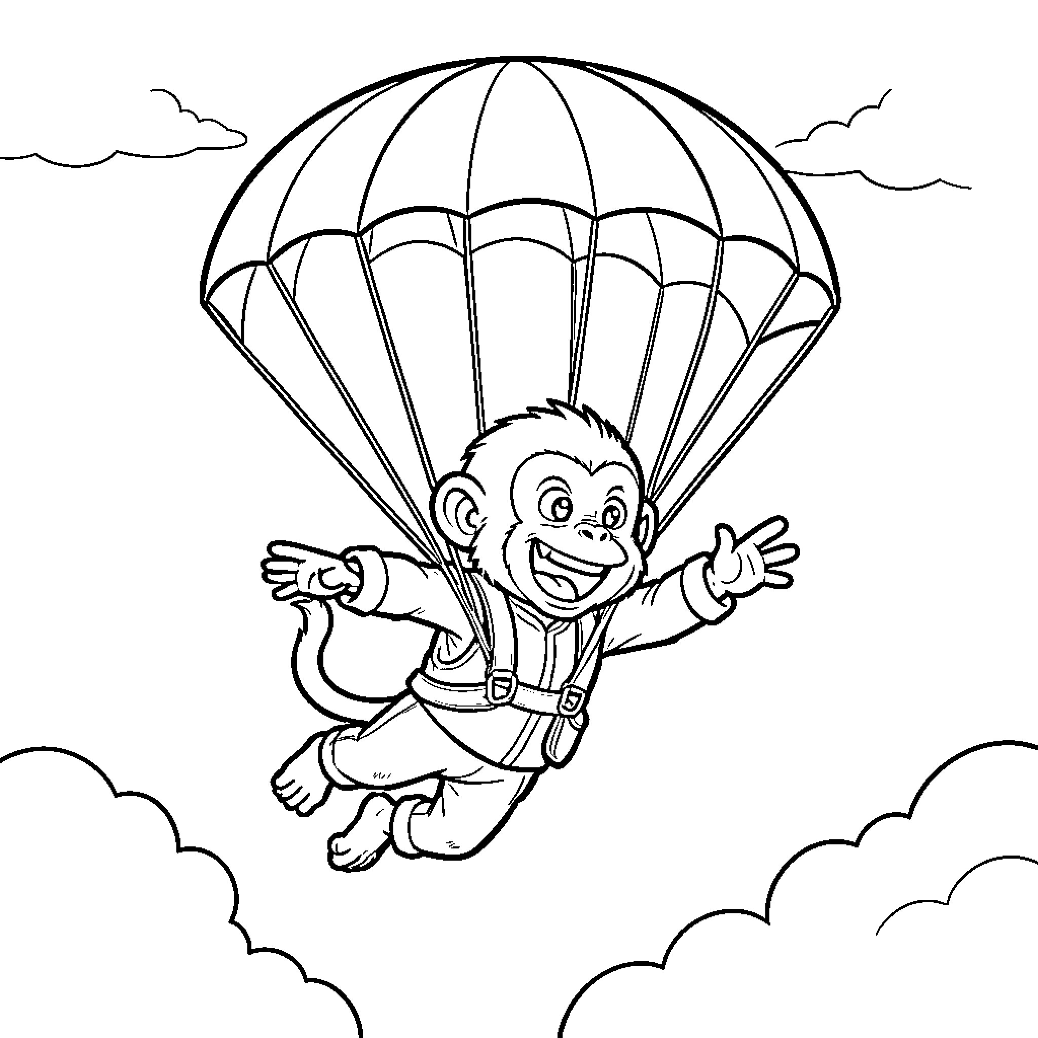 Monkey joyfully parachuting in the sky Coloring Page (free black-and-white line drawing printable PDF for all, from beginners to advanced learners, including children, teens, adults, and seniors)