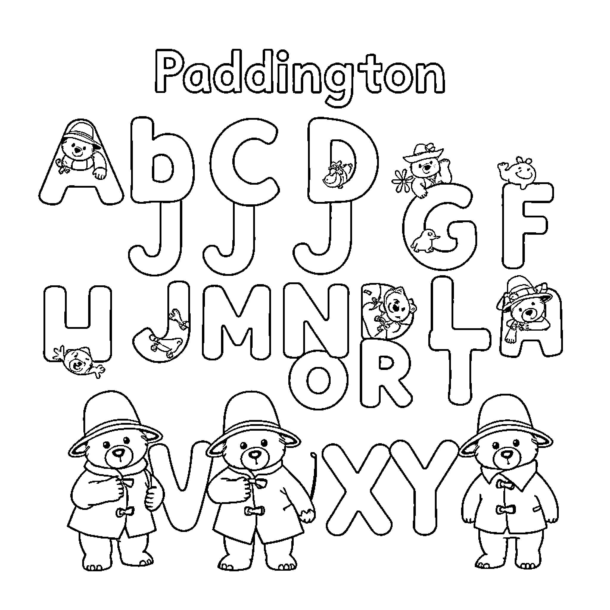 Paddington Bear alphabet with illustrated characters Coloring Page (free black-and-white line drawing printable PDF for all, from beginners to advanced learners, including children, teens, adults, and seniors)