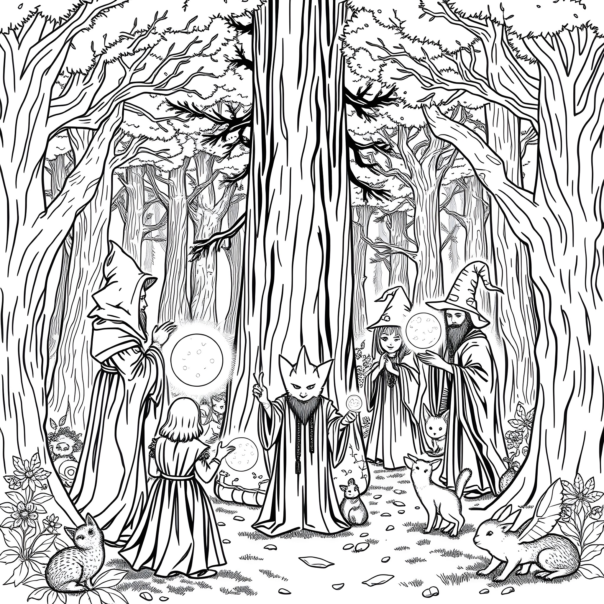 Wizard's enchanting encounter in the mystical forest Coloring Page (free black-and-white line drawing printable PDF for all, from beginners to advanced learners, including children, teens, adults, and seniors)