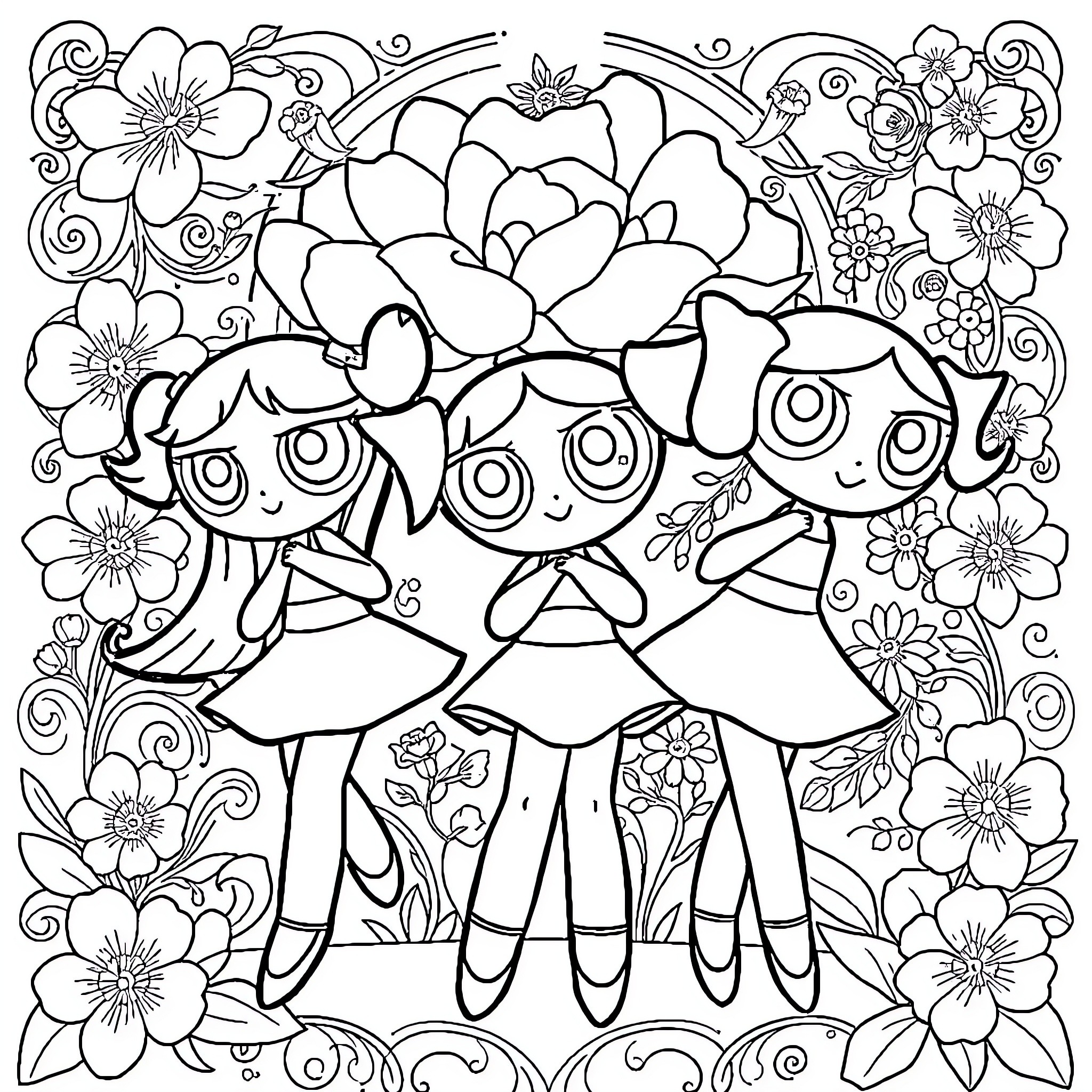 Power Puff Girls in a Floral Fantasy Coloring Page (free black-and-white line drawing printable PDF for all, from beginners to advanced learners, including children, teens, adults, and seniors)