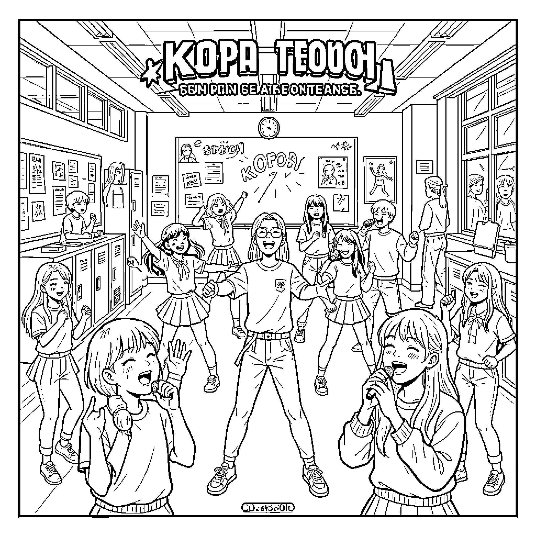 K Pop group performing energetic dance moves in classroom Coloring Page (free black-and-white line drawing printable PDF for all, from beginners to advanced learners, including children, teens, adults, and seniors)