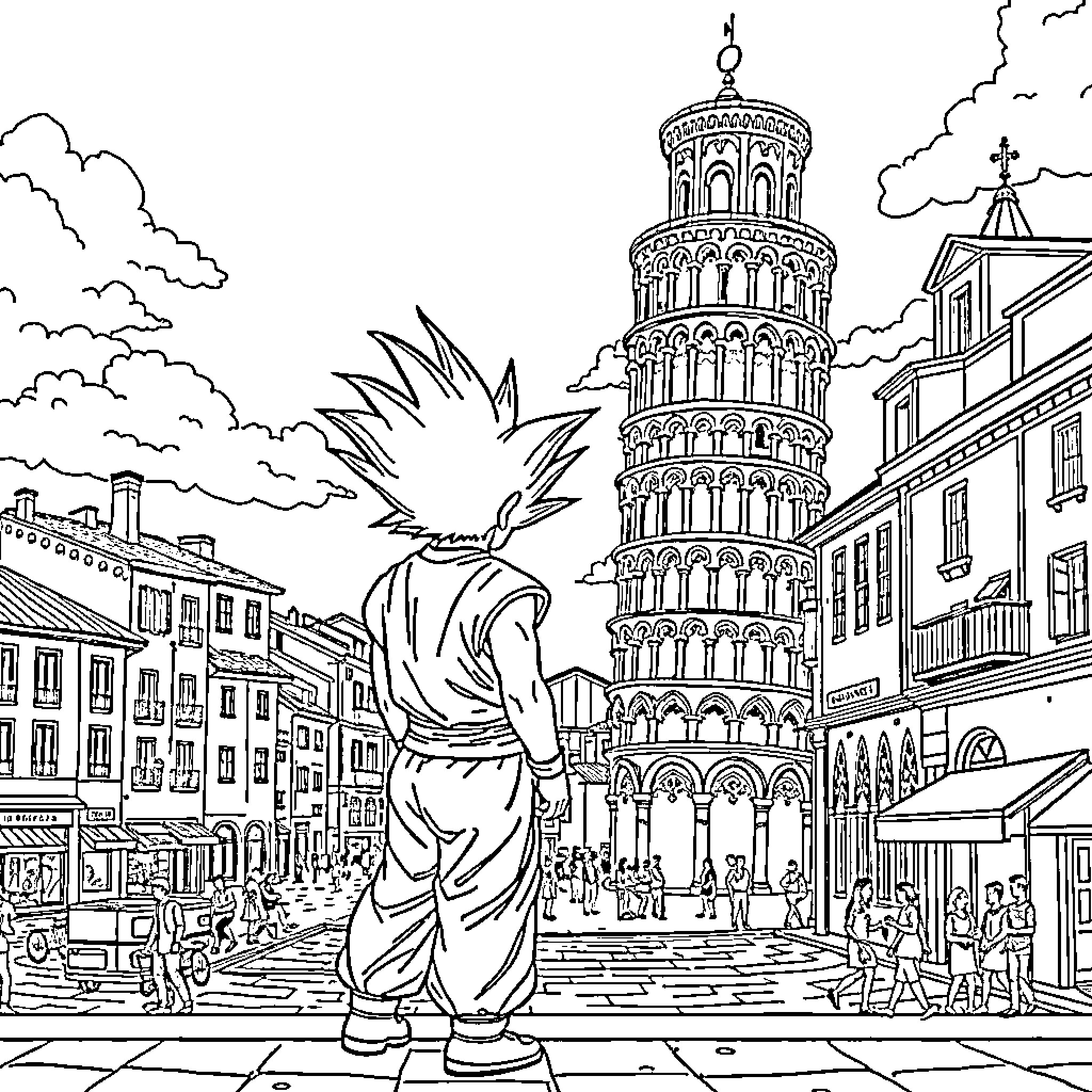 Goku standing in front of iconic leaning tower Coloring Page (free black-and-white line drawing printable PDF for all, from beginners to advanced learners, including children, teens, adults, and seniors)