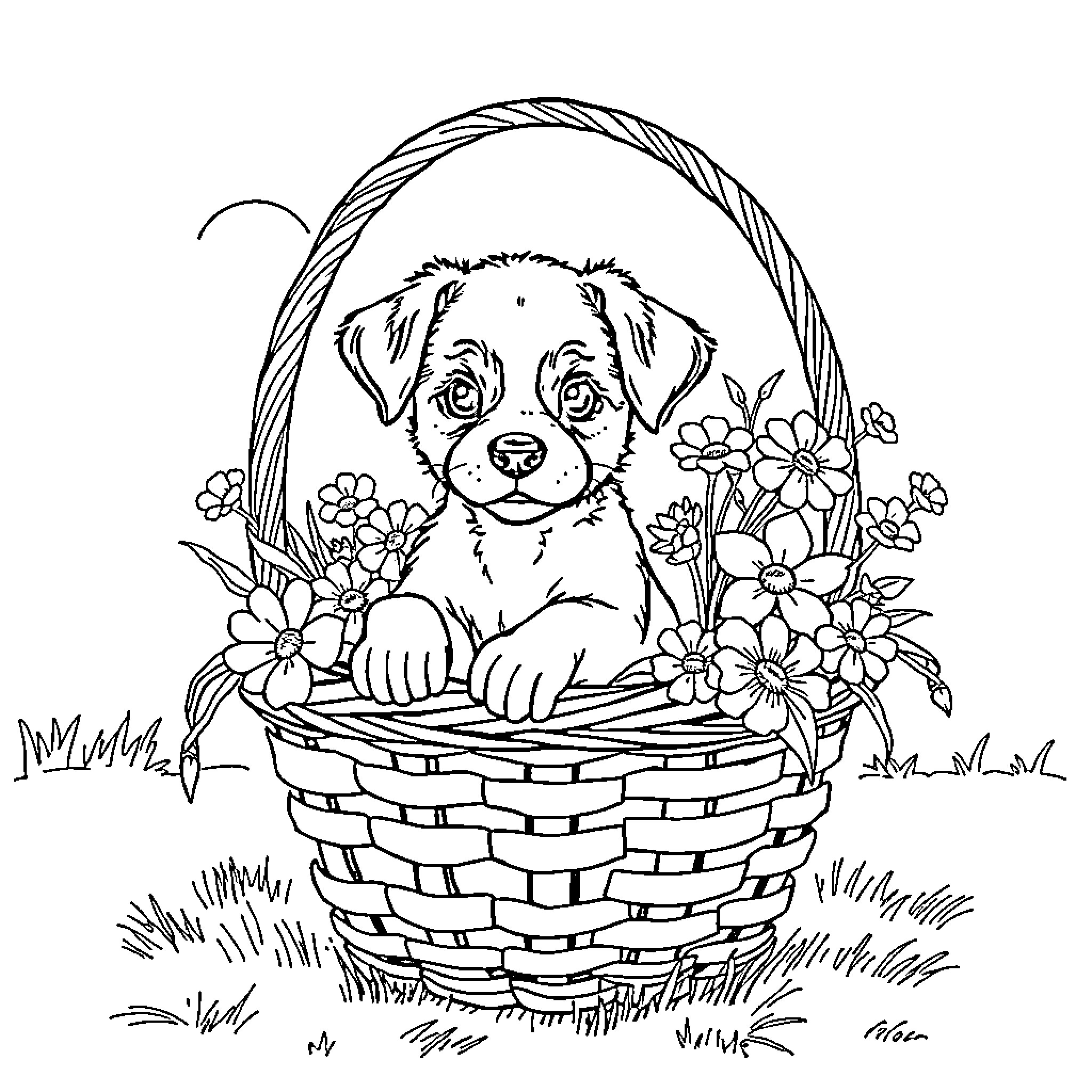 Puppy sitting happily in a flower-filled basket Coloring Page (free black-and-white line drawing printable PDF for all, from beginners to advanced learners, including children, teens, adults, and seniors)