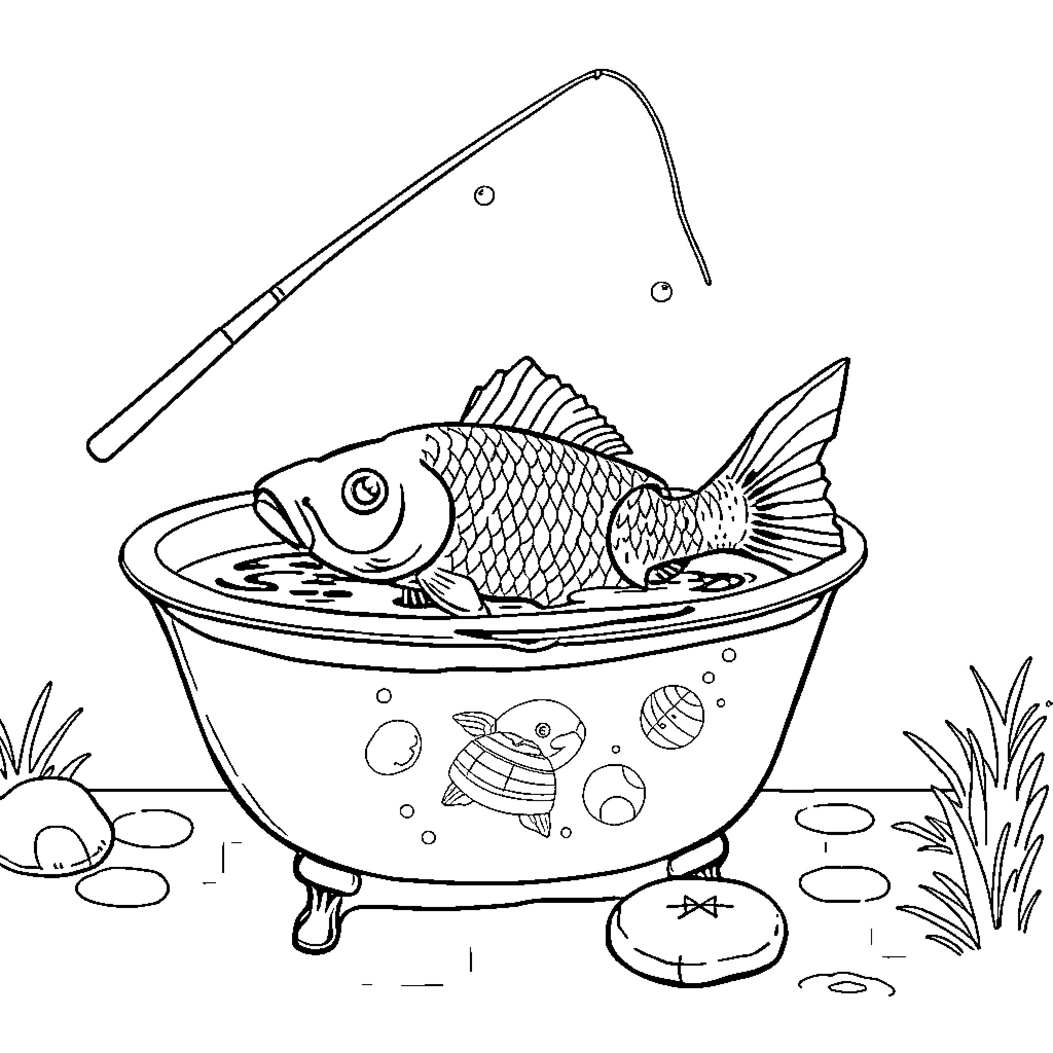 Carp relaxing in a cozy tub Coloring Page (free black-and-white line drawing printable PDF for all, from beginners to advanced learners, including children, teens, adults, and seniors)