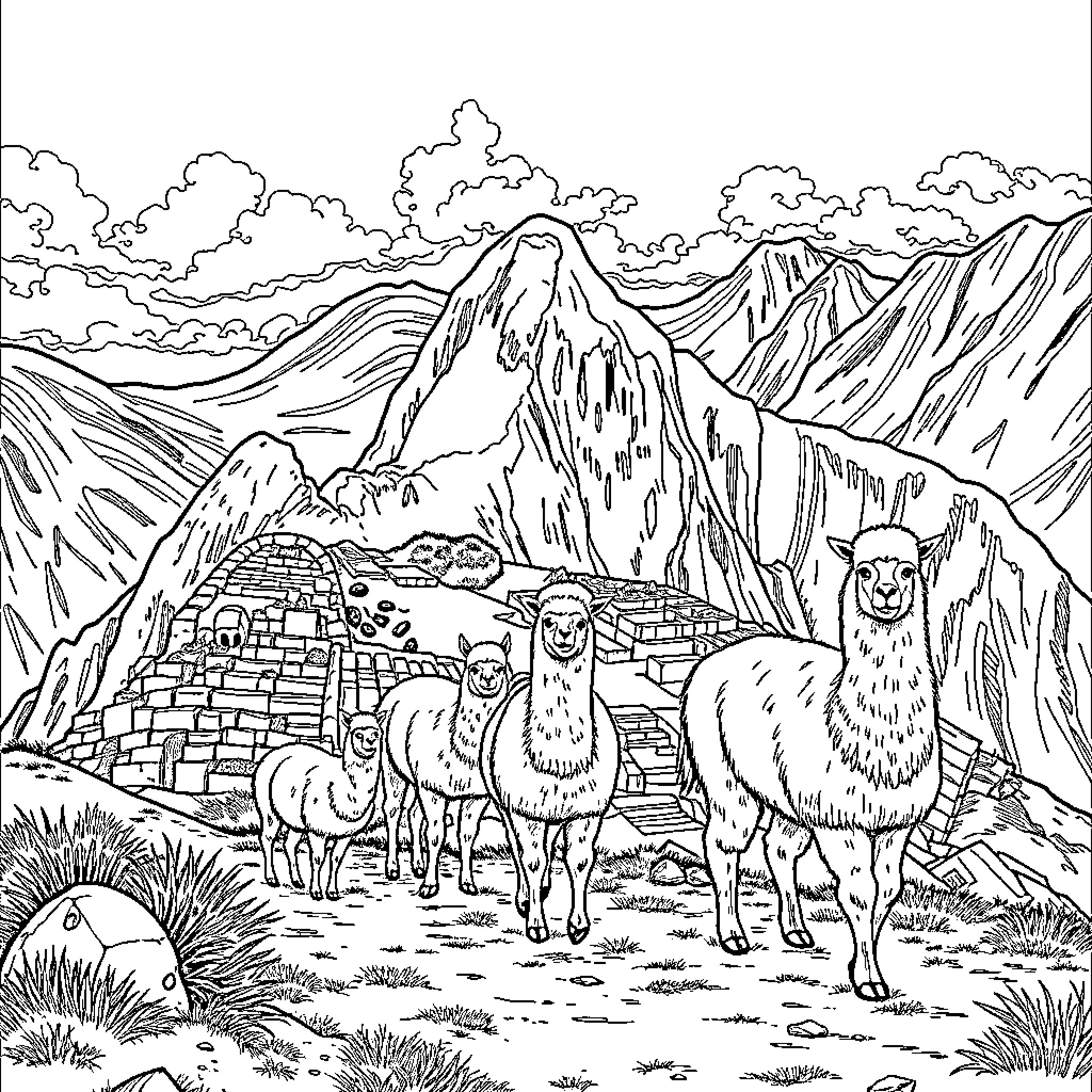 Alpacas grazing in a mountain town landscape Coloring Page (free black-and-white line drawing printable PDF for all, from beginners to advanced learners, including children, teens, adults, and seniors)