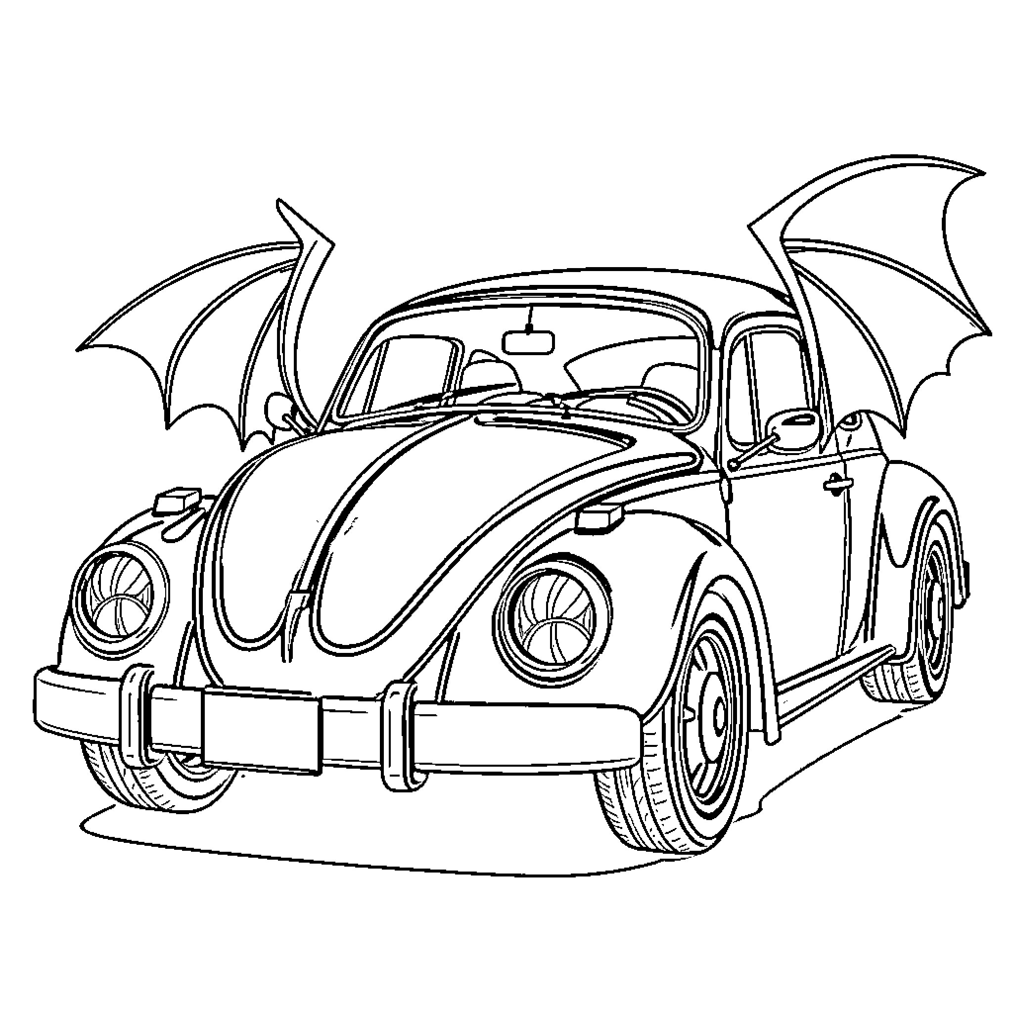 Volkswagen Beetle with Bat Wings Coloring Page (free black-and-white line drawing printable PDF for all, from beginners to advanced learners, including children, teens, adults, and seniors)