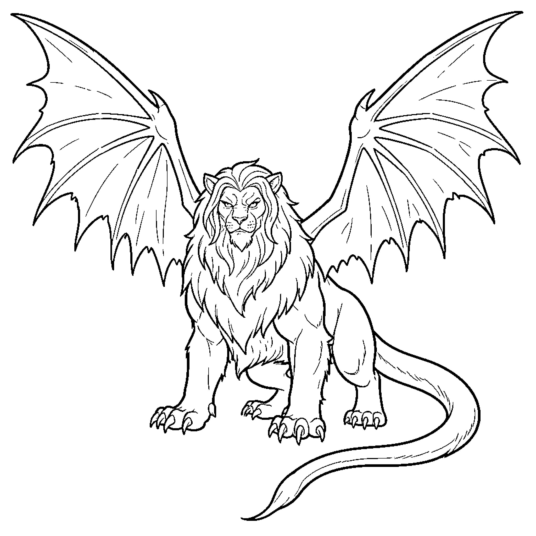 Beast lion with large wings standing majestically Coloring Page (free black-and-white line drawing printable PDF for all, from beginners to advanced learners, including children, teens, adults, and seniors)