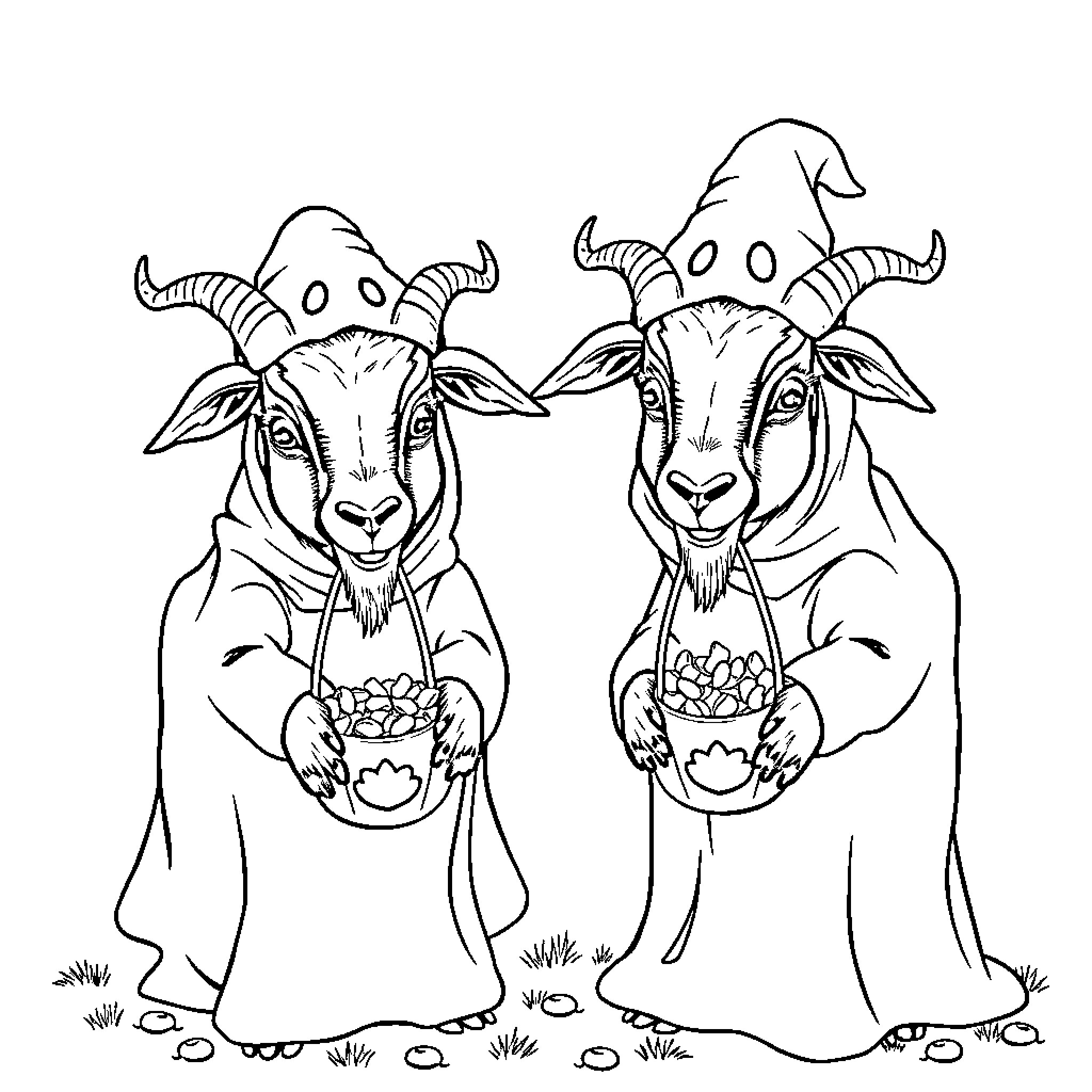 Goats in ceremonial outfits holding baskets Coloring Page (free black-and-white line drawing printable PDF for all, from beginners to advanced learners, including children, teens, adults, and seniors)