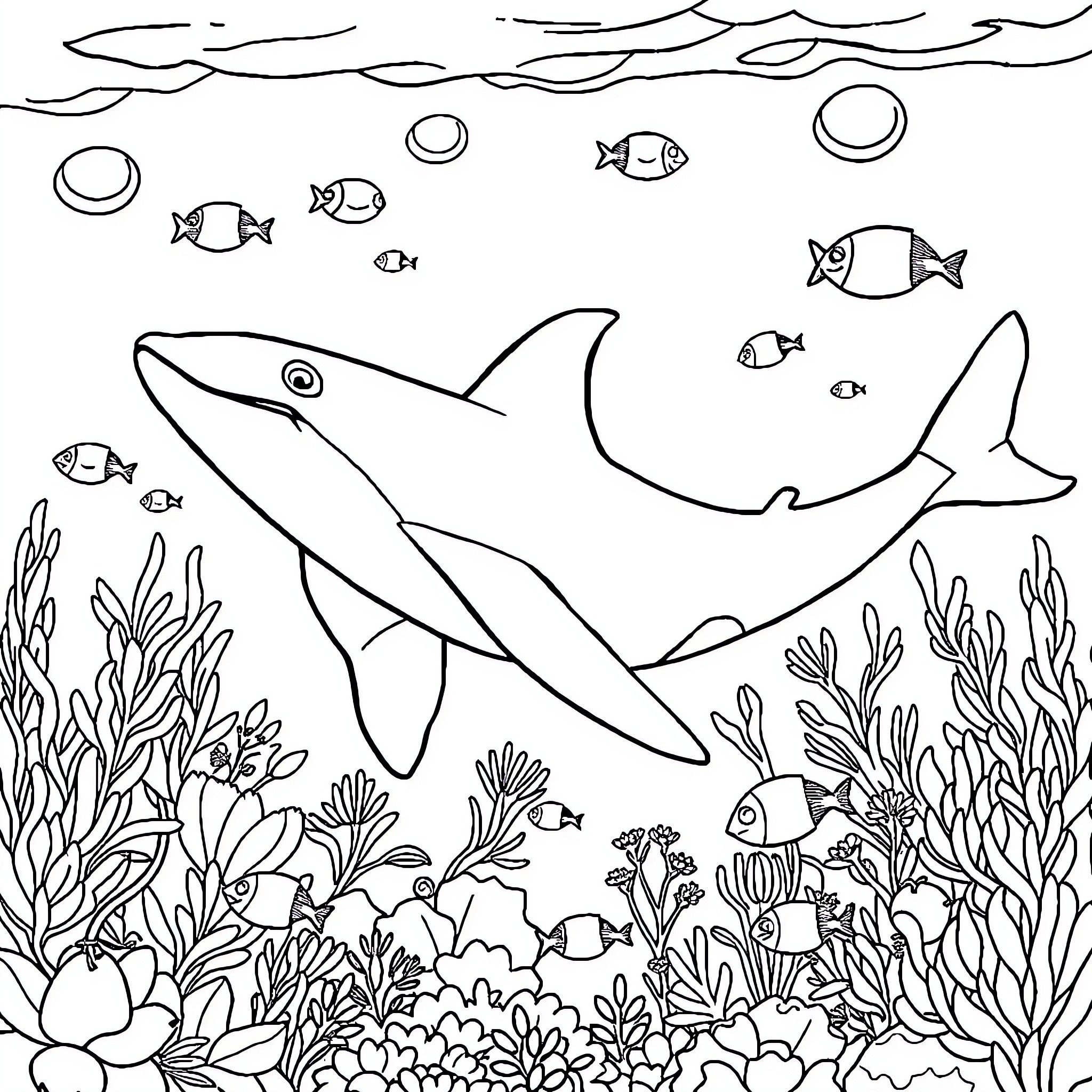 Baleine swimming among vibrant marine life Coloring Page (free black-and-white line drawing printable PDF for all, from beginners to advanced learners, including children, teens, adults, and seniors)