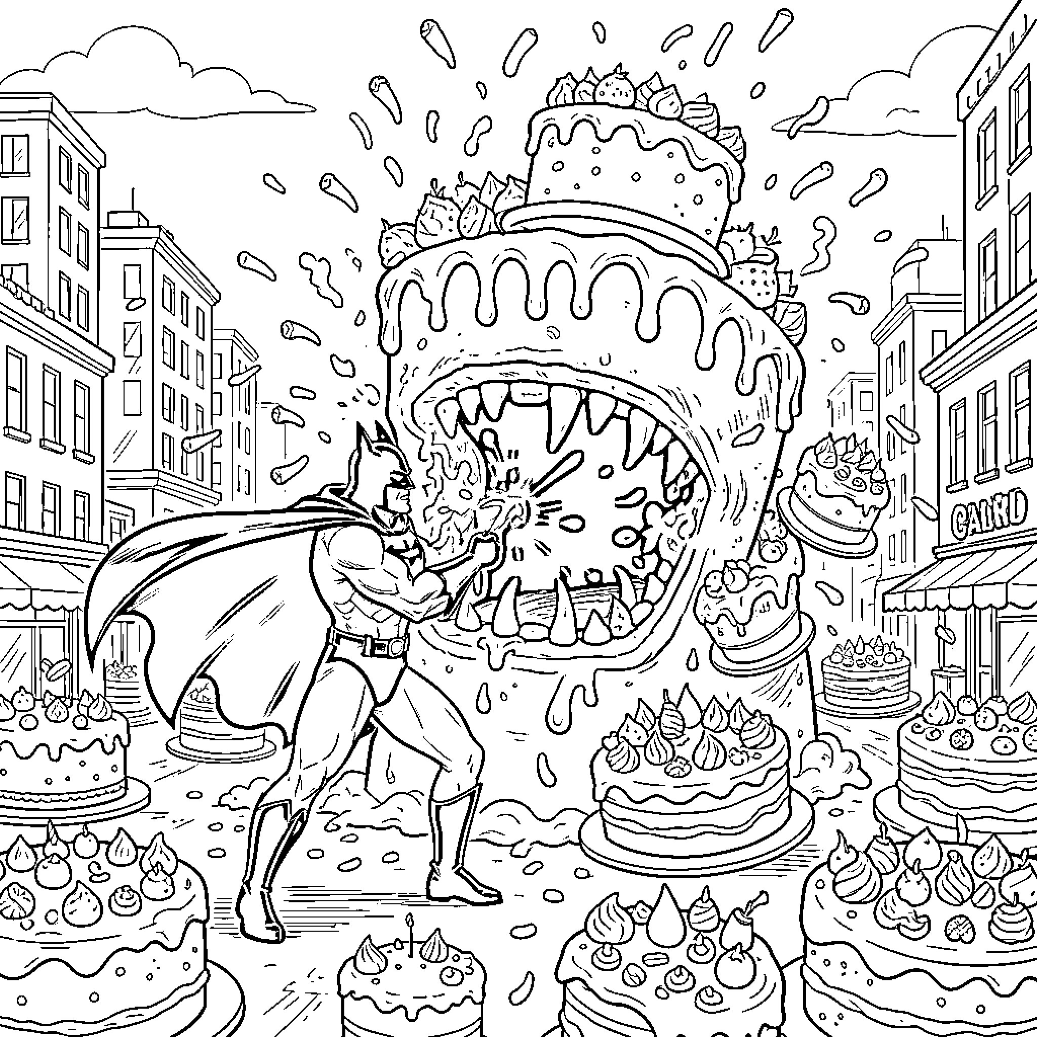 Batman Battles Monstrous Cake Creature in Confectionary Chaos Coloring Page (free black-and-white line drawing printable PDF for all, from beginners to advanced learners, including children, teens, adults, and seniors)