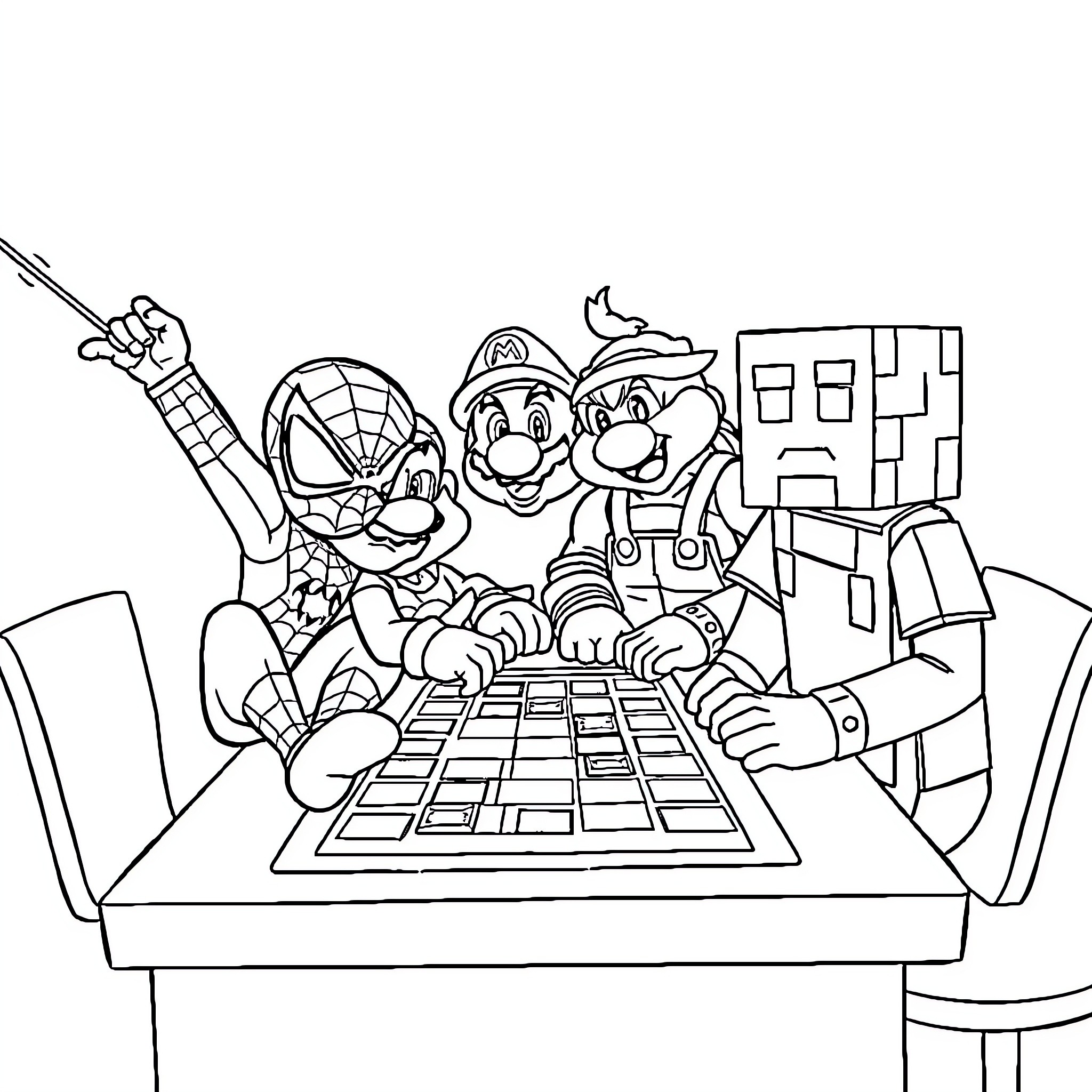 Character friends playing video game together Coloring Page (free black-and-white line drawing printable PDF for all, from beginners to advanced learners, including children, teens, adults, and seniors)