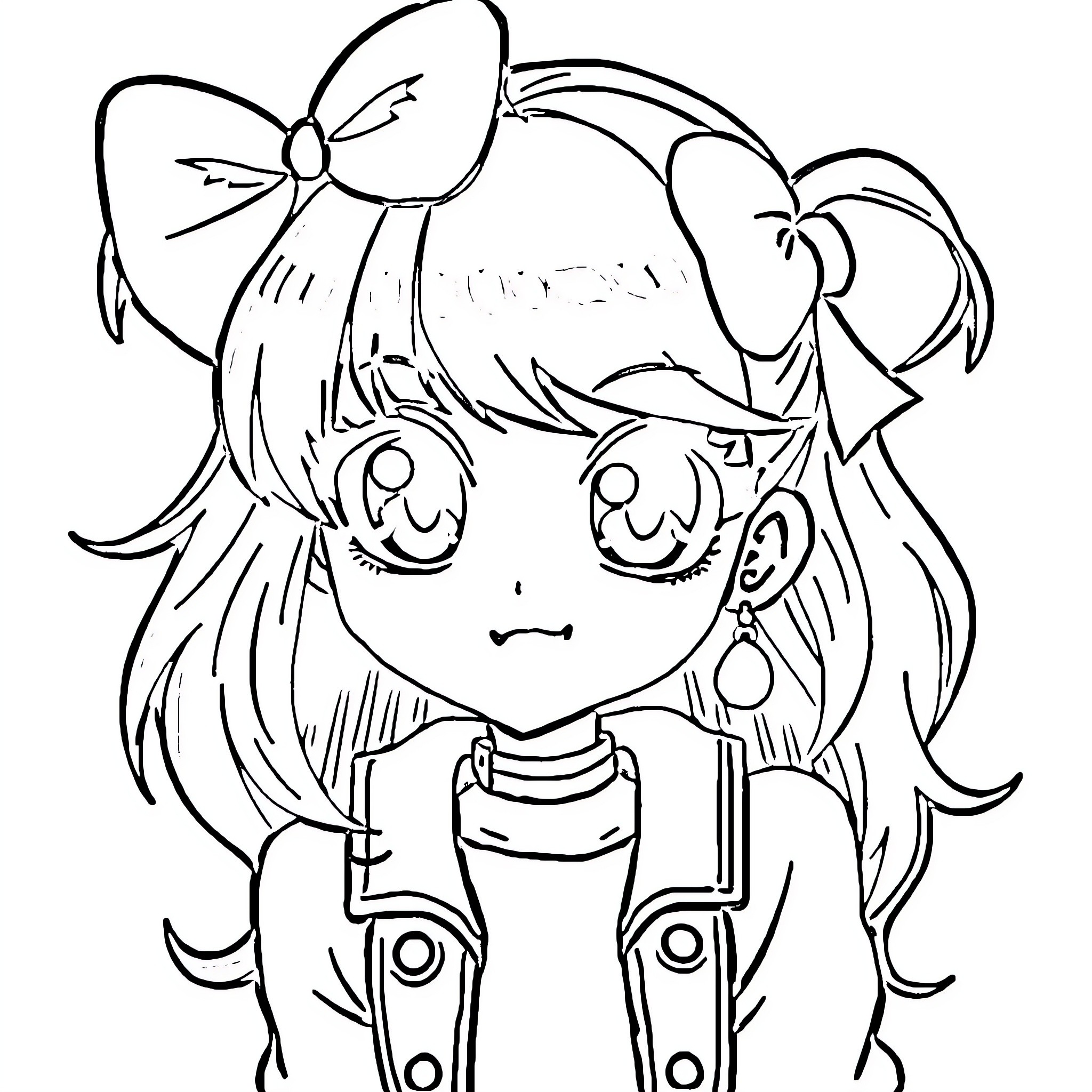 Anime Girl with Bow Smiling Innocently Coloring Page (free black-and-white line drawing printable PDF for all, from beginners to advanced learners, including children, teens, adults, and seniors)